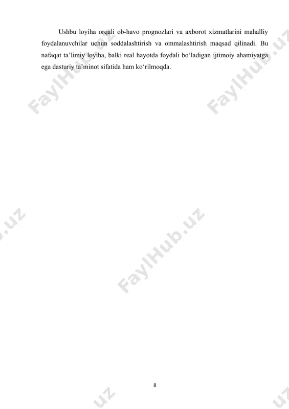 nikmalarini amalda sinab ko‘rish, web dasturlash, api bilan ishlash, foydalanuvchi interfeyslarini yaratish tajribasiga ega bo‘ladi. yuqoridagilardan kelib chiqib, ushbu kurs ishi nafaqat o‘quv vazifasi sifatida, balki hayotiy zaruratlarga javob bera oladigan amaliy ahamiyatga ega dasturiy ta’minot sifatida ham e’tiborga loyiqdir. zamonaviy texnologiyalar hayotimizning har bir jabhasiga chuqur kirib borgan bir davrda yashayapmiz. ayniqsa, internet va mobil texnologiyalar yordamida real vaqtda ma’lumot olish imkoniyatlari kundan-kunga kengayib bormoqda. ob-havo prognozlari esa shunday axborot turlaridanki, ularning aniqligi va tezkorligi ko‘plab hayotiy qarorlar qabul qilishda bevosita ahamiyat kasb etadi. masalan, qishloq xo‘jaligi sohasida ekinlarni sug‘orish yoki yig‘ib olish vaqti, transport sohasida reyslar xavfsizligi, turizmda sayohat yo‘nalishlari, sog‘liqni saqlashda esa harorat yoki atmosfera bosimining keskin o‘zgarishiga bog‘liq holatlar aynan ob-havoni oldindan bilish orqali boshqariladi. shunday bir muhim sohada raqamli yechimlar ishlab chiqish, foydalanuvchilarga qulay interfeysga ega, zamonaviy texnologiyalar asosida ishlaydigan web platforma taqdim etish dolzarb ahamiyat kasb etadi. ushbu kurs ishida yaratilayotgan “ob-havoni oldindan prognoz …