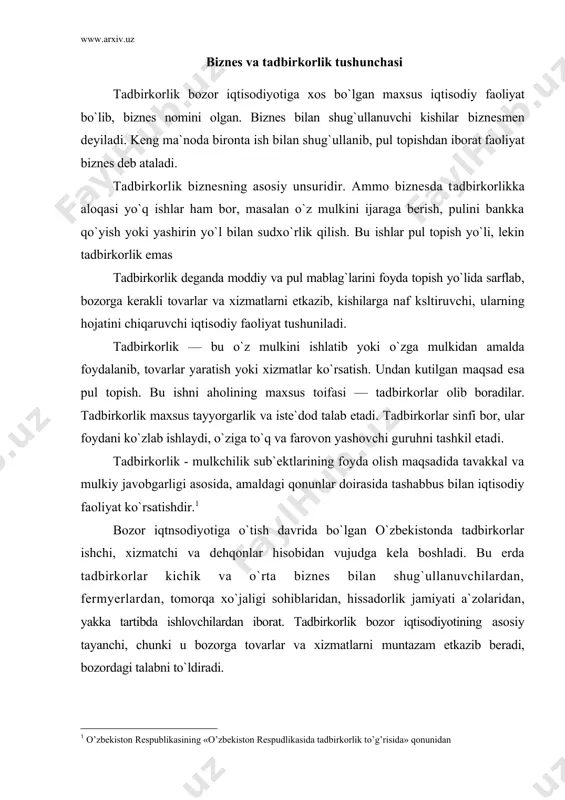 tadbirkorlikning asosiy tamoyillari bor 1-mulk sohibi bo`lish. tadbirkorlar resurslar yoki mahsulotlarning egasi bo`lishi kerak. ular o`z mulkiga tayanib yoki o`zga mulkini ijaraga olib ishlaydi. 2.foyda olishga intilish. tadbirkorning boyishdan iborat iqtisodiy maifaati bo`lib, unga foyda olish orqali erishiladi. 3)iqtisodiy erkinlik. tadbirkor bozorga qarab nimani, qancha, qanday texnologiyada ishlab chiqarishni, yaratilgan tovarni kimga, qachon va necha pulga sotishni, qaysi bank bilan aloqa qilishni, o`ziga sherik topishni, xullas, har qanday iqtisodiy faoliyatni hech bir toifasiz, o`z bilganicha amalga oshiradi. 4. iqtisodiy mas`uliyat. tadbirkor mas`uliyatni o`z zimmasiga olib,ko`rgan foyda-zarariga o`zi javob beradi. 5. iqtisodiy tavakkalchilik. tadbirkor tavakkal qilib, «yo ustidan, yo ostidan» degan qabilida ish tutadi, iqtisodiy xavf-xatarni zimmasiga olib, chuv tushib qolishdan qo`rqmaydi. 6. qonun-qoidalarga rioya qilish. tadbirkor sa`y-harakatlarining o`z qoidalari bor, ularga itoat qilish ham farz ham qarz hisoblanadi. 7. raqobat kurashida qatnashish. tadbirkor har doim boshqalar bilan «kim o`zadi» qoidasiga ko`ra bellashuvi shart. 8. tadbirkorlik siri. biznes ishida texnologiya, yangi …