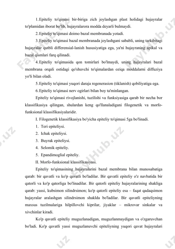 muguzlanadigan epiteliy deyiladi. muguzlanish (shoxlanish) jarayoni ketmaydigan ko'p qavatli epiteliy muguzlanmaydigan (shoxlanmaydigan) epiteliy deb yuritiladi. o'zgaruvchan epiteliy ko'p qavatli epiteliyning o'ziga xos turi bo'lib, uning tarkibidagi hujayralar organ (a'zo) larning funksional holatiga qarab shaklini o'zgartirib turadi. bunday epiteliy qoplagan organlarga siydik qopi, siydik yo'llari kiradilar. epiteliy to'qimasini tarkibidagi hujayralarning sitoplazmasida xususiy organellalar, tonofibrillar bo'ladi. hujayralarning yon yuzasida desmosomalar va ularning birlashtiruvchi plastinkasiga tegib yotuvchi tonofibrillar joylashadi. epiteliy hujayralarning sitoplazmasida shakli va qaysi organda joylashganidan qat'iy nazar umumiy va maxsus organellalar bo'ladi. hujayraning yadrosi ko'pincha hujayra shakliga bog'liq bo'lib, asosan dumaloq, ovalsimon va yassi shaklida bo'ladi. oqsil sintizida ishtirok etadigan hujayralarda endoplazmatik to'r, ribosomalar, mitoxondriyalar yaxshi rivojlangan bo'ladi. sekretor hujayralarda goldji kompleksi kuchlirivojlangan bo'lib, hujayralarning apikal qismlarida, ya'ni yadro ustida joylashadilar. epiteliy hujayralarida turli maxsus tuzilmalar: mikrovorsinklar, kipriklar va boshqalar bo'lganligi sababli bazal qismidan farq qiladi. bir qavatli epiteliy. – bu epiteliyning hujayralarani barchasi bazal membranada joylashgan bo'lib, bir qator va …