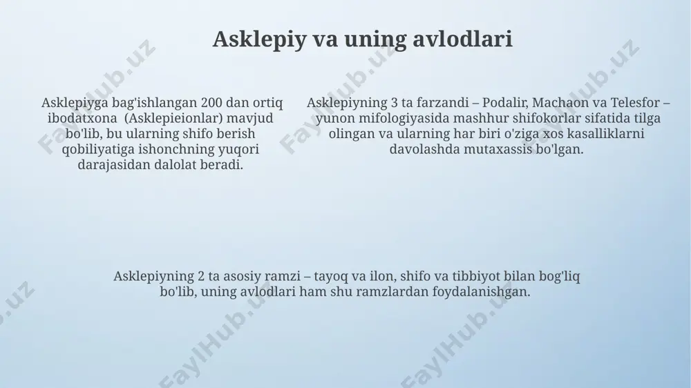 riyati mifologik mavzularda tasvirlangan. afsonaviy hayvonlar, masalan, kentavrlar va ularning o'simliklarni bilish qobiliyatlari, yunon va rim tibbiyotida an'anaviy bilimlarni ifodalashda ramziy ma'noga ega bo'lgan. afsonaviy hayvonlar, masalan, kentavrlar va ularning o'simliklarni bilish qobiliyatlari, yunon va rim tibbiyotida an'anaviy bilimlarni ifodalashda ramziy ma'noga ega bo'lgan. mifologiya va tibbiyotning o'zaro ta'siri rim mifologiyasida salus xudosi sog'liqni saqlash va farovonlikni himoya qilgan, uning tasviri ko'pincha sog'lom bola yoki shoxli idish bilan tasvirlangan, bu sog'liq va boylik ramzi edi. yunon miflarida giyohvand o'simliklarning shifobaxsh kuchiga ishonish keng tarqalgan bo'lib, masalan, parnassus tog'ida o'sadigan bayram o'simligi apollon bilan bog'langan va ma'lum kasalliklarni davolashda ishlatilgan. qadimgi yunon mifologiyasida 12 olimpiya xudosi orasida shifo topish va kasalliklar bilan bog'liq bo'lgan asklepiy xudosi alohida o'rin egallagan, uning sharafiga ko'plab ibodatxonalar va shifoxonalar qurilgan. tibbiyot xudolari va qahramonlari tibbiyot bilan bogʻliq 12 ta asosiy yunon xudosi mavjud boʻlib, ularning har biri maʼlum bir kasallik yoki shifo usuli bilan bogʻlangan. …
