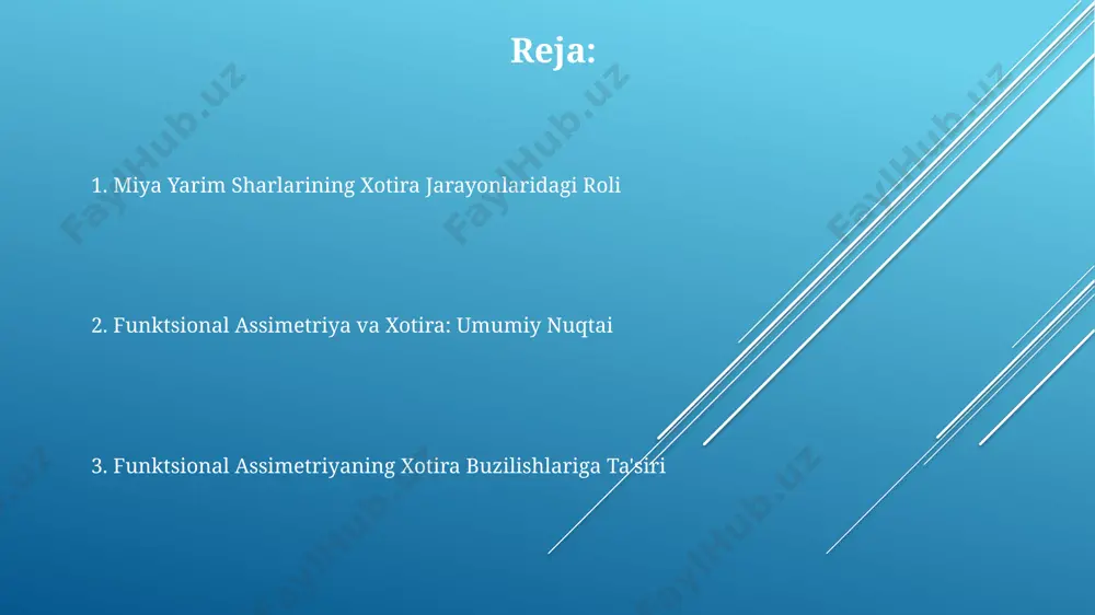 arim sharlari orasidagi funktsional assimetriya darajasi farq qiladi, bu 200 dan ortiq tadqiqotlar tomonidan tasdiqlangan va aqshning kaliforniya universitetida o'tkazilgan tajribalarda aniqlangan. miyada xotira izlarining shakllanishi va saqlanishi jarayonida ikkala yarim sharning ham o'ziga xos hissasini qo'shishi, ularning o'zaro ta'siri 15-20% xotira samaradorligini oshirishi, london universitetining ma'lumotlariga ko'ra aniqlangan. funktsional assimetriyaning xotira buzilishlariga ta'siri miya yarim sharlarining funktsional assimetriyasi, xususan, chap yarim sharning shikastlanishi, 70% hollarda verbal xotiraning buzilishiga, masalan, so'zlarni eslab qolish qobiliyatining pasayishiga olib kelishi mumkin. o'ng yarim shar faoliyatining pasayishi, masalan, insultdan keyin, fazoviy xotira va vizuospatial idrokning buzilishiga, ya'ni 30% bemorlarda yo'nalishni aniqlashda qiyinchiliklarga olib kelishi mumkin. tadqiqotlar shuni ko'rsatdiki, toshkentdagi neyropsixologiya markazida o'tkazilgan tekshiruvlar natijalariga ko'ra, epilepsiya kasalligi bilan og'rigan bemorlarning 45%ida ikkala yarim sharning funktsional assimetriyasining o'zgarishi kuzatilib, bu esa xotiraning turli shakllarining buzilishi bilan bog'liq. tadqiqotlar va kelajakdagi yutuqlar ақшнинг калифорния университетида олиб борилган тажрибалар кўрсатдики, 30 та бемордаги функционал ассиметриянинг даражаси ва …