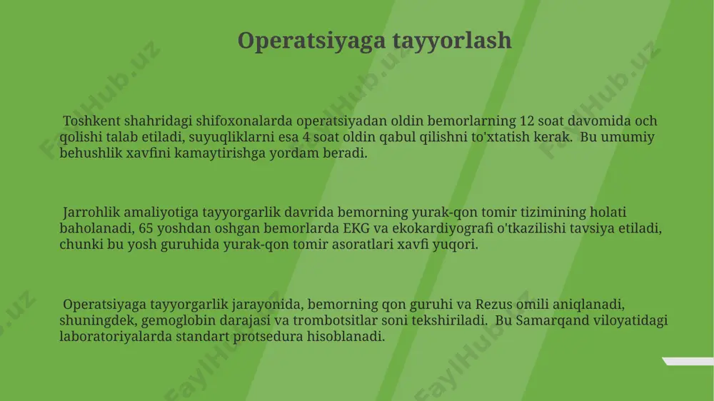 tekshiruvi o'tkaziladi. bu tekshiruv yurak ritmini, o'tkazuvchanligini va boshqa muhim parametrlarni aniqlashga imkon beradi, masalan, 12 ta standart o'tkazuvchanlik yo'nalishlaridan foydalanib toshkent shahridagi kardiologiya markazida. qonning umumiy tahlili, shu jumladan leykotsitlar, eritrotsitlar va trombotsitlar soni, gemoglobin darajasi va boshqa ko'rsatkichlarni aniqlash uchun amalga oshiriladi. samarqanddagi laboratoriyalarda bunday tahlil natijalari 24 soat ichida tayyor bo'ladi va jarrohlik amaliyoti xavfini aniqlashda muhim ahamiyatga ega. ko'krak qafasi rentgenografiyasi o'pka va yurak holatini baholash uchun muhim diagnostika usuli hisoblanadi. bu tekshiruv 70% dan ortiq hollarda o'pka kasalliklarini aniqlashga yordam beradi va andijon viloyati shifoxonalarida keng qo'llaniladi. preoperatsion tekshiruvlar jarrohlik amaliyotiga tayyorgarlik ko'rish davrida bemorning yurak-qon tomir tizimini tekshirish, ekg natijalari va qon bosimining 120/80 mm hg dan yuqori bo'lishiga qarab, toshkentdagi kardiolog maslahati zarur bo'lishi mumkin. bemorning o'pka funksiyasi spirometriya yordamida baholanadi va agar fev1 qiymati 70% dan past bo'lsa, samarqanddagi pulmonolog bilan maslahatlashish tavsiya etiladi, bu esa operatsiyaning kechikishiga olib kelishi mumkin. qon …