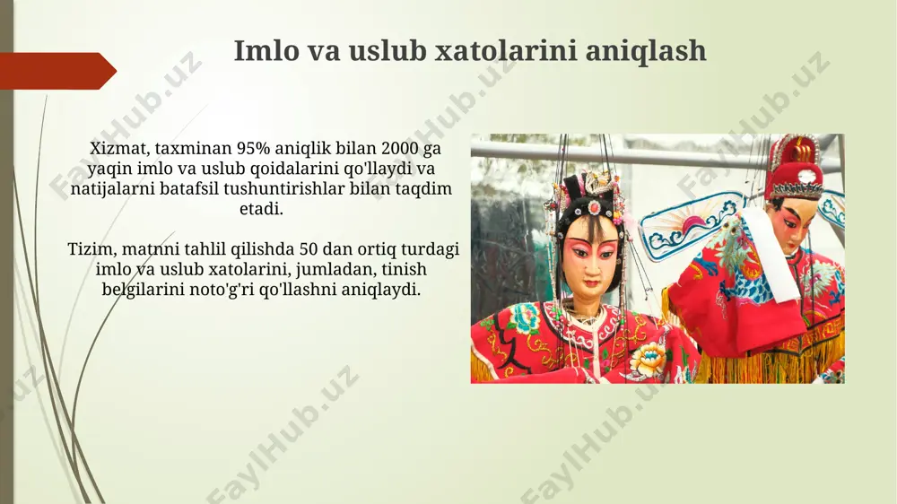 ug'aviy va grammatik tahlil vositalarini, jumladan, so'z shakllarini aniqlash va lemmatizasiya kabi funksiyalarni taqdim etadi. "matn tahlili vositalari" yordamida matnning murakkablik darajasi, so'z takrorlanish chastotasi va boshqa 20 dan ortiq metrikalarni aniqlash mumkin. frekventsiya hisobini o'rganish uzbekcorpora.uz saytida 1 million so'zdan ortiq korpusda ma'lum bir so'z yoki ifodaning frekventsiyasini aniqlash mumkin, bu esa lingvistik tadqiqotlar uchun juda muhim ma'lumot beradi. frekventsiya hisobi natijalarida so'zlarning grammatik shakllari ham hisobga olinadi, masalan, "bor" fe'lining turli shakllarining (bor, borman, bor edi) alohida frekventsiyalarini ko'rish mumkin. e'tiboringiz uchun rahmat @taqdimot_robot image1.jpg image2.jpg image3.jpg image4.jpg image5.jpg image6.jpg image7.jpg image8.jpg image9.jpg image10.jpg image11.jpg image12.jpg image13.jpg image14.jpg image15.jpg image16.jpg image17.jpg