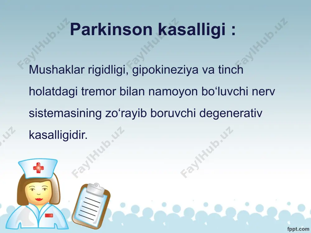 pda naslga uzatilishi aniqlangan. bu esa kasallik farzandlarga to‘la o‘tadi, degani emas. vaholanki, parkinson kasalligining o‘zi emas, balki unga moyillik avloddan-avlodga uzatiladi. demak, ushbu patologiyaga moyilligi bor odamlarda turli salbiy omillar parkinson kasalligi rivojlanishiga turtki bo‘lishi mumkin. parkinson kasalligiga moyillik deganda, l-tirozingidroksilaza fermentining tug‘ma yetishmovchiligi tushuniladi. chunki bu ferment tirozinning l-dofa ga aylanishini ta’minlaydi. turli intoksikatsiyalar: oltingugurt, marganes, qo‘rg‘oshin, metil va etil spirtlari, fosfororganik birikmalar, is gazi, ya’ni dofaminergik neyronlar faoliyatini izdan chiqaruvchi zaharli moddalar. neyrotrop viruslar: ekstrapiramidal yadrolar, ayniqsa, qora modda zararlanishini yuzaga keltiruvchi virusli infeksiyalar. masalan, letargik ensefalit viruslari, gripp va boshqa neyrotrop viruslar. dorilarning nojo‘ya ta’siri va asorati: neyroleptiklar (aminazin, galoperidol) bilan davolash asoratlari. shuningdek, metildopa, yallig‘lanishga qarshi nosteroid dorilar, sinnarizin, diprazin, serukal, siklosporin, valproat natriy, fluoksetinlar ham etiologik omil bo‘lilishi mumkin. serebrovaskulyar buzilishlar: dissirkulyator ensefalopatiya, binsvanger kasalligi, po‘stloq osti va frontal soha insultlari. bosh miya jarohatlari: bosh miyaning ketma-ket ezilishlari, ayniqsa, peshona va po‘stlog‘osti sohalari (masalan, …
