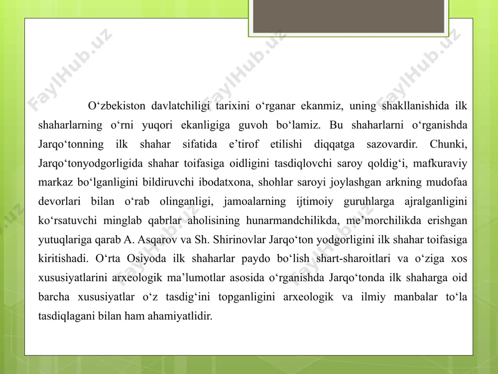 ilk shahri jarqo‘ton hisoblanadi. uning maydoni 100 gektardan kam emas. shahar ikki qismdan iborat ya’ni “arki a’lo” va shaxriston”dan iborat3. jarqo‘tonda olib borilgan keng qazishmalar, xronologik kuzatuvlar tahliliga ko‘ra yodgorlikda hayot 500-600 yildan kam bo‘lmagan. jarqo‘tonning oddiy qishloq jamoasining makonidan eng qadimgi ilk shahar darajasiga o‘sib chiqish jarayonlari kuzatilgan. uning 3 gektardan kam bo‘lmagan arki a’lo maydonidan shahar hokimining monumental saroy qoldiqalar, metall eritish va metalldan mehnat va harbiy qurollar ishlab chiqarish ustaxonasi, uy-joy komplekslari ochib o‘rganilgan. agar sopollitepa o‘zining qadimgi shaharsozlik madaniyatiga xos barcha alomatlari bilan protoshahar ya’ni avestoda tilga olingan “vara” qal’a-qo‘rg‘onni eslatsa, jarqo‘ton yodgorligi o‘zbekiston hududida tarkib topgan eng qadimgi ilk shahar edi. jarqo‘tonda topilgan ashyoviy dalillar uni mil. avv. ii mingyillikning o‘rtalariga ta’luqli ekanligini tasdiqlaydi. shu davrga oid o‘nlab yodgorliklar butun janubiy o‘zbekiston bo‘ylab va tojikistonning unga tutash 2 hududlaridan topib o‘rganilgan. ular orasida shahar talabiga javob berishi mumkin bo‘lgan yodgorlik jarqo‘ton bo‘lib u o‘z davrining …