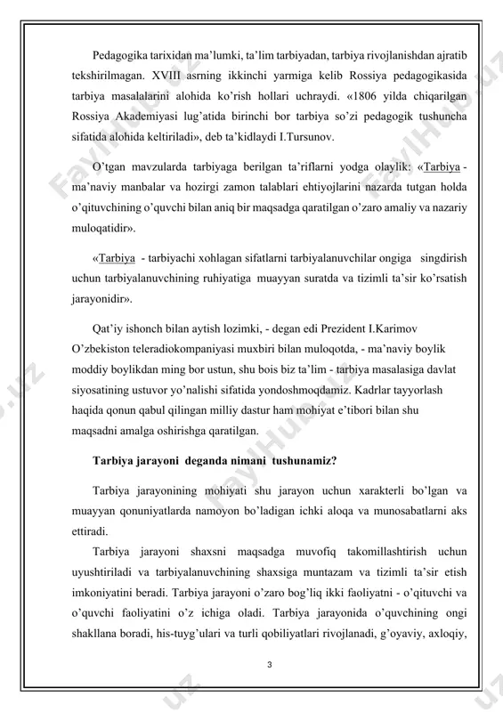 an tarbiya jarayonining mohiyati va vazifalari tarbiyachi tomonidan rejalashtiriladi va tartibga solinadi. a) o’quvchining qaysi xislatini shakllantirish yoki yo’qotish maqsadida rejalashtiriladi. b) shu hislatlarni tarbiyalash yoki yo’qotish uchun xizmat qiluvchi manbalar izlab topiladi. v) belgilangan maqsad uchun xizmat qiladigan nazariy va amaliy manbalarni qaysisini va qayerda ishlatish rejalashtiriladi. bunday rejaga solinib olib borilgan tarbiya mohiyatini ta’lim - tarbiya tizimi jamiyat va insonlarning intellektual va jismoniy faoliyati tashkil qiladi. tarbiya jarayoni qanday xususiyatlarga ega, u ta’limdan nimalari bilan farq qiladi? tarbiya jarayonining xususiyatlari ko’p qir-rali jarayon uzoq muddat davom etadi yaxlit holda va konsen-trik asosda amalga oshadi ikki tomonlama xususiyat, bolaning faolligi qarama-qarshi-liklar ko’pligi tarbiyaning birinchi xususiyati uning ko’p qirrali jarayon ekanligi bo’lib unda maktab, oila, bolalar va o’smirlar tashkilotlari, mahalla, keng jamoatchilik, kino-teatr, televideniye, adabiyot va san’at ishtirok etadi. tarbiyaning yana bir xususiyati uning uzoq muddat davom etishidir. ta’limdan farqli ravishda u bola tug’ilganidan boshlanadi, maktab yillarida, undan keyin va …