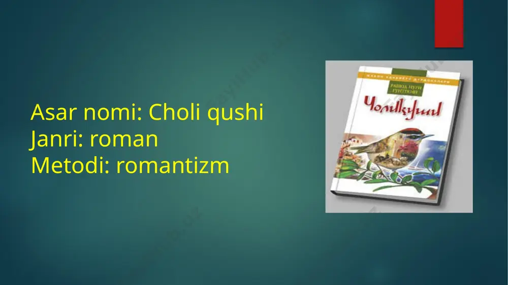 a olgan, kirishimli, zamonaviy bir qiz bo‘lgan. kamronning xiyonatidan oh-voh qilib o‘tirmaydi, taqdirga tan bermaydi. feridening kamronni tark etib onado‘luning chekka qishloqlariga ketishiga va yillar mobaynida butun kuchi bilan harakat qilishiga sabab kuchli g‘urur edi. asardan olga taasurotingiz. kamron-kelishgan, aqilli, nozikta,b,bilimli feride-chiroyli, aqilli, samimiy, shaddod,yaramas, sergap, yosh, aqilli,chiroyli e’tiboringiz uchun rahmat. image6.png image7.png image8.png image9.png image10.png image11.png image12.png image13.png image14.png image15.png image16.png image17.png image18.png image2.png image3.png image4.png image5.png /docprops/thumbnail.jpeg