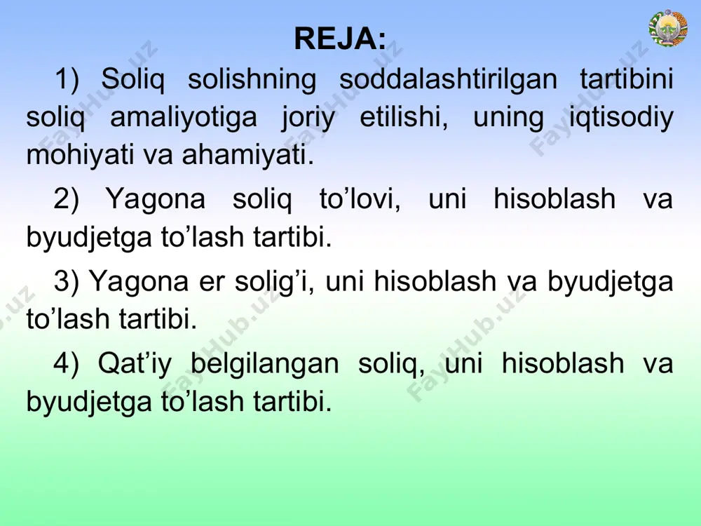 antirish jamg‘armasiga majburiy ajratma. o’zbekiston respublikasi davlat byudjeti soliqli daromadlari tarkibida soddalashtirilgan soliqlarning ulushi ko’rsatkichlar 2012 yil 2013 yil 2014 yil (prognoz) mlrd. so’m foiz mlrd. so’m foiz mlrd. so’m foiz jami soliqli daromadlar 21295,7 100,0 26223,0 100,0 30160,8 100,0 savdo va umumiy ovqatlanish korxonalaridan olinadigan yagona soliq to’lovidan davlat byudjetiga ajratma 645,9 3,0 832,6 3,2 989,9 3,3 yagona soliq to’lovidan davlat byudjetiga ajratma 588,2 2,8 755,0 2,9 911,6 3,0 tadbirkorlik faoliyati bilan shug’ullanuvchi yuridik va jismoniy shaxslardan olinadigan qat’iy soliq 317,3 1,5 415,6 1,6 505,0 1,7 * kichik biznes va xususiy tadbirkorlikning yaim dagi ulushi dinamikasi (foizda) ko’rsatkichlar yillar 2007 2008 2009 2010 2011 2012 2013 kichik biznes va xususiy tadbirkorlikning yaimdagi ulushi 45,5 48,2 50,1 52,2 54,0 55,0 55,8 kichik korxonalarning yaimdagi ulushi 27,4 29,5 31,2 32,5 36,7 38,4 39,8 * o’zbekistonda kichik biznesning yalpi ichki mahsulotdagi ulushining va yagona soliq to’lovi asosiy stavkasining o’zgarish dinamikasi 2005-2014 yillarda …