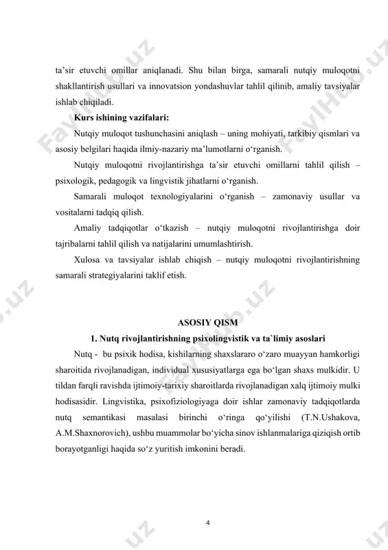 umumlashtiruvchi nomlari bilan tanishtirish, qiyoslashda qarama-qarshi ma'noli (antonimlar) so‘zlardan foydalanishga, ko‘rgazmali vaziyatga tayanmasdan lug‘atdan foydalanishga undash. grammatik qurilish. yangi so‘zlarni grammatik jihatdan o‘zgartirishga va gapdagi so‘zlar bilan kelishtirishga undash. so‘zlar va ularning shakllarini mustaqil ravishda hosil qilish, nomlar o‘rtasidagi rasmiy-semantik aloqalarni tadqiq qilishning o‘ziga xos bolalarcha usuli sifatida so‘z ijodkorligidan foydalanish. narsalar va hodisalar o‘rtasidagi aloqalarga oid o‘z tushunchalarini murakkablashtirilgan gap tuzilmasi (yoyilmagan oddiy, bog‘langan qo‘shma gap va ergashgan qo‘shma gap) orqali aks ettirish[footnoteref:1]. [1: qodirova f.r., qodirova r.m. bolalar nutqini rivojlantirish nazariyasi va metodikasi. – toshkent: «istiqlol», 2021.] nutqning tovush madaniyati. fonematik qabul qilishni rivojlantirish (berilgan u yoki bu tovushni talaffuzda ajratish va so‘zda eshitish qobiliyati). artikulyatsiyani, unlilarni va oddiy undosh tovushlarni aniq talaffuz qilish, shovqin bilan chiquvchi va sonor tovushlarni to‘g‘ri talaffuz etishni o‘zlashtirish qobiliyatini takomillashtirish. nutqning ifoda jihatini, nutq sur'atini, ovoz kuchini, nutqiy nafasni erkin tartibga solish qobiliyatini rivojlantirishbolalarga ona tilini o‘rgatish va ularning nutqini rivojlantirishga doir …