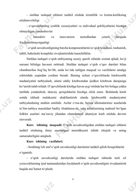 , psixologik va metodik adabiyotlarni tahlil qilish, sintez, umumlashtirish - empirik metodlar: kuzatish, so‘rovnoma, intervyu, pedagogik eksperiment kurs ishining tuzilishi: ish kirish, 2 bob, 4 bo‘lim, xulosa, foydalanilgan adabiyotlardan iborat. jami 40 sahifadan tashkil topgan. i.bob.boshlang‘ich sinf o‘qish savodxonligi darslarini tashkil qilish bosqichlari. 1.1. boshlang‘ich sinf o‘qish savodxonligi darslarini tashkil qilish bosqichlari. hozirgi kunda umumiy o‘rta ta’lim maktablarining boshlang‘ich sinflarida o‘qish savodxonli darslarida to‘rtta qobiliyatlar orasida tinglab tushunish ham asosiy o‘rin tutadi. odatda bu sohada tilda gapirish va yozishga asosiy tildan foydalanish omili sifatida qaraladi. tinglash va o‘qish qobiliyatlari esa ikkinchi o‘rinda turadi. buning bir sababi tinglash qobiliyatini o‘zlashtirishning biroz qiyinligi bo‘lishi mumkin. o‘qituvchilar o‘quvchilariga ravon so‘zlashni o‘zinigina emas, tinglab tushunishni ham o‘rgatishga katta e’tibor bera boshlashdi. o‘qish savodxonligi darslarini mukammal o‘zlashtirish va undan foydalanish uchun mavjud bilimlarni shakllantirish va zarur bo‘lgan barcha ma’lumotlarni til retseptiv qobiliyatlardan kelib chiqib o‘rganish talab etiladi, ayniqsa tinglash va o‘qish qobilyatlarini. bu borada o‘rganuvchilarga …