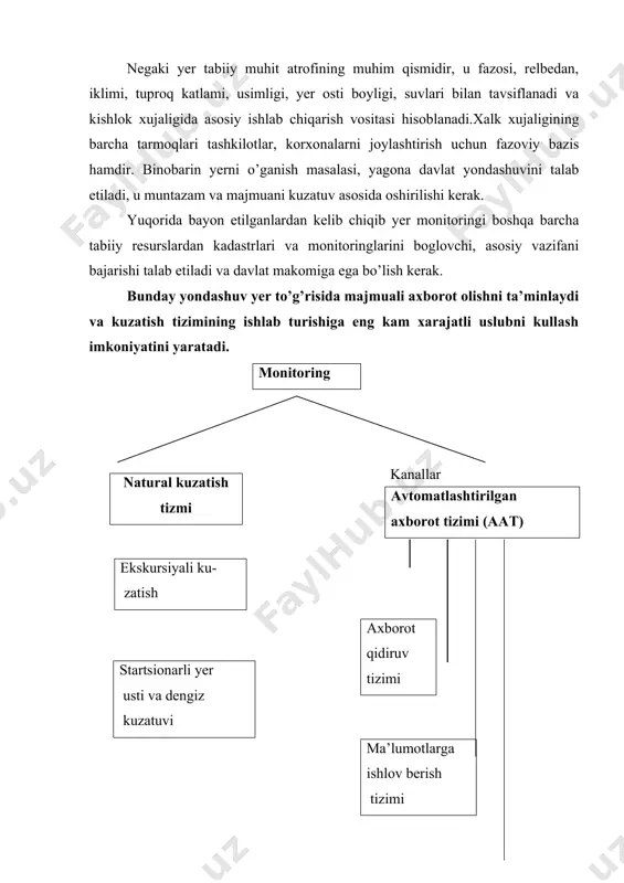 aralash yanada kattarok rol uynashi kerak. shu munosabat bilan monitoring ning nixoyatda ma’sul resursi bo‘lib tabiat muhitining holatini baholashdan iboratdir. integralli tavsiflar va ko’rsatkichlarni tanlash, ularni bevosita ulchash bunday baholashning bosqichidir. chunki bunday ulchashning natijasida yoki miqdor o‘zgarishining tahlili natijasida, tabiat muhitning holati kanday degan savolga javob berish mumkin. yul kuyishi mumkin bo’lgan antropogenli ta’sir ko’rsatishni aniqlash uchun mazkur tizimning ekologik zaxira tushunchasiga asoslanadi. tabiiy imkoniyatlardan foydalanish sharoitida biosferaning barqarortushunchasiga, uning ekologik zaxirasi tushunchasiga tayanish zarur. buning uchun quyidagi muntazam xarakatlarni echish zarur: 1. antropogenli xarakatlar monitoringini ( birinchi navbatda,ifloslanishlar) ularning geofizik va ekologik izchilligini tashkillashtirish. 2. ilmiy texnika va iktisodiy imkoniyatlarni hisobga olish bilan monitoring tizimi takdim etadigan axborotlar asosida biosferaning muammolari bo’yicha muvofiq tadbir va qarorlarni tanlash. 3. xalqaro hamkorlik doirasida global muammolarni echish yullarini aniqlash. shubxasiz biosferaning dunyo mikyosidagi muammolarini echishda turli xil yondashuvlar bo’lishi mumkin: qaytarib bo’lmaydigan oqibatlarni oldini olish (masalan, azon katlamini ximoya qilishda); ta’sir …