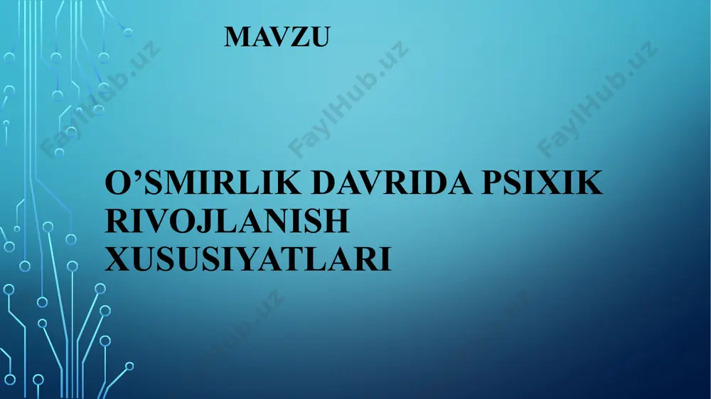irda boshqalarning va o‘zining psixologik kechinmalariga qiziqish paydo boladi. 0‘smirlik davridagi inqiroz — o‘smir kechinmalari, uning strukturasi, mazmunining qat’iy o‘zgarishi, buzilishidir. l.s.vigotskiy 13 yoshni inqirozni sindiradigan nuqtasi deb atagan. inqirozdan keyingi davrlar (14—15 yosh) ota-onalar va o‘qituvchilar tomonidan subyektiv yanada qiyinroq deb ataladigan yangi psixologik tuzilmalar shakllanadi. e’tiboringiz uchun tashakkur image2.png image3.jpeg image4.jpeg image5.jpeg /docprops/thumbnail.jpeg