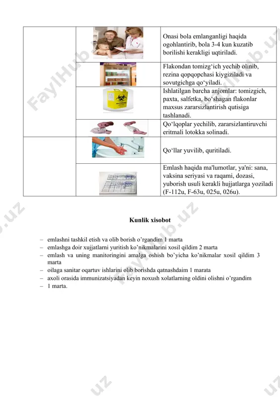 izgich, paxta, salfetka, bo‘shagan flakonlar maxsus zararsizlantirish qutisiga tashlanadi. qo‘lqoplar yechilib, zararsizlantiruvchi eritmali lotokka solinadi. qo‘llar yuvilib, quritiladi. emlash haqida ma'lumotlar, ya'ni: sana, vaksina seriyasi va raqami, dozasi, yuborish usuli kerakli hujjatlarga yoziladi (f-112u, f-63u, 025u, 026u). kunlik xisobot 1. emlashni tashkil etish va olib borish o’rgandim 1 marta 1. emlashga doir xujjatlarni yuritish ko’nikmalarini xosil qildim 2 marta 1. emlash va uning manitoringini amalga oshish bo’yicha ko’nikmalar xosil qildim 3 marta 1. oilaga sanitar oqartuv ishlarini olib borishda qatnashdaim 1 marata 1. axoli orasida immunizatsiyadan keyin noxush xolatlarning oldini olishni o’rgandim 1. 1 marta. image4.jpeg image5.png image6.png image7.png image8.png image9.png image10.png image11.png image12.png image1.jpeg image2.png image3.jpeg