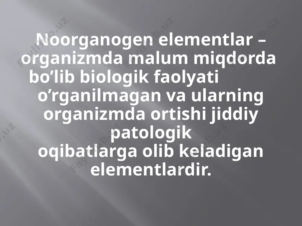 rishi oshqozon – ichak sistemasi buyrak jigar va turli bezlar faolyatini buzib o’limga olib keladi. organizmga kirgan simob bug’lari markaziy nerv sistemasini zaharlaydi, quloq, tomoq va burun hastaliklariiga olib keladi. aluminiy organizmga zaharli tasiri - havodagi miqdori 0,5 mg/dm3 dan oshmasligi kerak. aks holda u biologik faol moddalar metabolizmini buzadi. aluminiy fasfotlar bilan ichakda birikib to’qimalarda modda almashinuvini buzilishiga sabab bo’ladi. organizmda uning miqdori щкеши ketishi suyaklarda raxit keltirib chiqaradi.alyuminiy organizmda kopayishi neyrotoksin zaharlanishni keltirib chiqaradi. qo’rg’oshin organizmga zaharli tasiri – u motor yoqilg’isi tarkibida bo’lib atmosferada yig’iladi va havoni ifloslaydi. shuning oqibatida organizmga kiradi.qo’rg’oshin hujayralarning protoplazmasi uchun zaharli hisoblanadi. nafas olish organlarida uning bug’lari to’planadi va o’pkaga so’riladi.qo’rg’shin ionlari organizmga tushib miyada qora dog’lar hosil qiladi asab sistemasining va buyrak funksiyasining buzilishiga olib keladi, anemiyani rivojlantiradi. margumush organizm zararli tasiri – bu element barcha tirik organizm uchun zaharlidir. margumush brikmalaridan ash3 – arsenning zaharli oqibatlari kuchlidir. u gem faolligini …