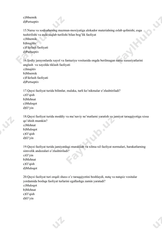 k, sezgilar, diqqat, tafakkur, iroda 25.xilma-xil predmyet va xodisalar orasida kerak bo’lgan ob’yektni xossa va xususiyatlari bilan aks etishni ta’minlaydigan psixik jarayon a)idrok b)diqqat c)tafakkur d)xotira 26.shaxs tajribasiga aloqador xar qanday ma’lumotni eslab qolish, esda saqlash, esga tushirish va unutish bilan bog’lik psixik jarayon a)xotira b)idrok c)tafakkur d)sezgilar 27.shaxs ongining narsa va xodisalarga yo’nalganligini aks ettiradigan psixik jarayon a)tafakkur b)idrok c)diqqat d)xotira 28.inson ongining bilish ob’yektlari xisoblanmish narsa va xodislar urtasida murakkab, xar tomonlama aloqalarning bo’lishini ta’minlovchi aks ettirish shakli a)tafakkur b)idrok c)sezgilar d)xotira 29.shaxsning o’qiganlari asosida mushoxada qilgan bilim va g’oyalari asosida yuritadigan fikrlash jarayoni a)nazariy tafakkur b)amaliy tafakkur c)mantiqiy tafakkur d)ijodiy tafakkur 30.shaxsning xarakatlari va xayoti davomida xosil bo’ladigan fikrlariga asoslangan tafakkuri a)amaliy tafakkur b)nazariy tafakkur c)mantiqiy tafakkur d)ijodiy tafakkur 31.shaxsning ko’rgan-bilgan narsasini aynan qanday bo’lsa, shundayligicha, o’zgarishsiz qaytarish va shunday fikrlash a)reproduktiv tafakkur b)produktiv tafakkur c)mantiqiy tafakkur d)amaliy tafakkur 32.shaxsdagi fikrlash elementlariga yangilik, noyoblik, qaytarilmaslik qo’shilgandagi tafakkur …