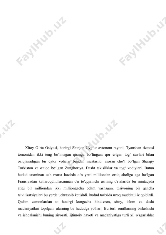 g'ullar bosqinchiligi ayniqsa kam. bizda chag‘atoy xonligi va uning davomchisi bo‘lgan mo‘g‘ul xonligi haqida juda oz ma’lumot bor. mintaqadagi tarixi to'rt asrdan ko'proq davom etadi, garchi yaqinda mo'g'ullardan keyingi bulutli tarixini ochishga qaratilgan sa'y-harakatlar boshlandi. bu o'rganilmaganligi qisman manba tanqisligi bilan izohlanishi mumkin tadqiqotni davom ettirish uchun material. (ushbu umumlashtirishdan istisnolardan biri qing hukmronligi davri bo'lib, unda bir qator batafsil ma'lumotlar mavjud. xitoy manbalarining ko'pligidan foydalanadigan tadqiqotlar.“ipakning iqtisodiy hayotiyligining asta-sekin pasayib borishi yoʻl” va markaziy osiyoning islomlashuvi bu tendentsiyani kuchaytirdi. mintaqa tarixidagi eng muhim, ammo kam o'rganilgan davrlardan biri xix asrning oxiri bo'lib, ushbu tadqiqotning diqqat markazida bo'ladi. davr 1864 yilda butun shinjonni tezda qamrab olgan ulkan siyosiy qo'zg'olon bilan boshlandi. bu qo'zg'olon qing sulolasining o'rta osiyodan quvib chiqarilishiga va boshchiligidagi mustaqil musulmon davlatining barpo etilishiga olib keldi. ya‘qub beg. mustaqillik ya‘qub begim va xitoylarning o‘limi bilan yakunlandi. 1877 yilda mintaqani qayta bosib olish. sharqiy turkiston ular uchun mustaqil davlatga …