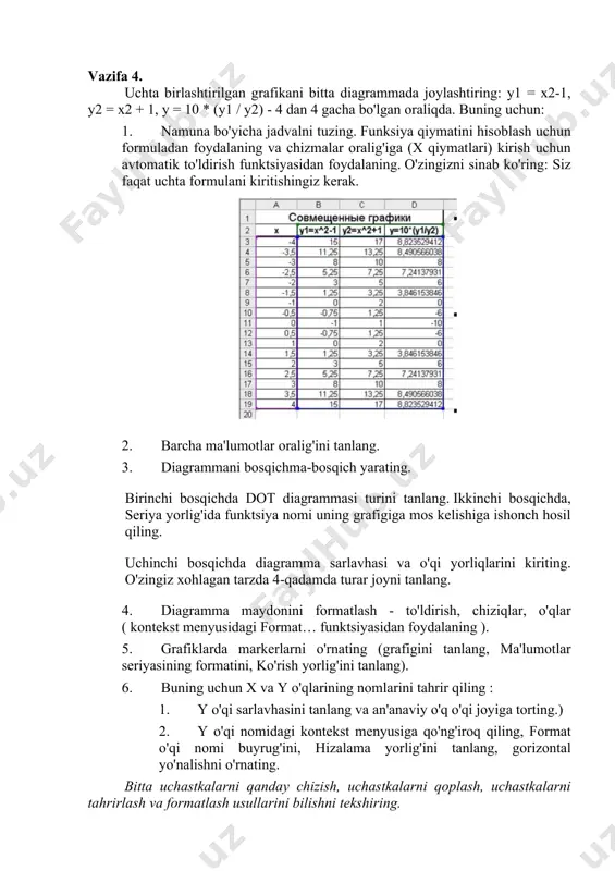 ish, uchastkalarni qoplash, uchastkalarni tahrirlash va formatlash usullarini bilishni tekshiring. o'z-o'zini o'rganish uchun topshiriqlar: funktsiyalarning birlashtirilgan grafikalarini tuzing: variant funktsiya 1 funktsiya 2 x o'zgaradi 1 y1 = -2 / x y2 = 4x [0,5; 5] qadam 0.5 2018-04-02 121 2 y1 = 2x y2 = (1/2) x [] 0.5-qadam 3 y1 = lnx y2 = log10x [] 0.5-qadam amaliy ishni baholash: amaliy ish test muammolari bilan baholanadi ( 8 - amaliy darsda test ). sinov 10 savolni o'z ichiga oladi; ijro muddati 15 daqiqa, maksimal ball 100, o'tish ballari 60 image1.jpeg image2.jpeg image3.jpeg image4.jpeg