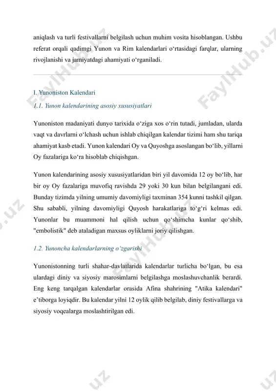 yili" deb ataladigan qo‘shimcha bir kun (366 kun) qo‘shilgan. yuliy kalendari rim imperiyasi davrida va undan keyin ham foydalanilgan, va hozirgi grigoriy kalendarining asoschisi bo‘lgan. 2.4. rim festivallari va kalendar rimliklar kalendardan nafaqat vaqtni belgilashda, balki ko‘plab diniy va davlat marosimlarini o‘tkazishda ham foydalangan. rimliklar bayram va festivallarni maxsus kunlarga moslab tashkil etishgan. masalan, "lupercalia" bayrami fevral oyida o‘tkazilib, qish mavsumining tugashi bilan bog‘liq diniy marosim hisoblangan. "saturnalia" esa dekabr oyida bo‘lib o‘tgan va qishki quyosh tutilishi davrida o‘tkazilgan. iii. kalendarning ijtimoiy va madaniy ahamiyati 3.1. siyosiy va davlat boshqaruvidagi ahamiyati yunon va rim kalendarlari faqat vaqtni belgilash vositasi emas, balki davlat va diniy boshqaruvda ham muhim rol o‘ynagan. masalan, kalendar asosida hukmdorlar qonun chiqarish, davlat bayramlarini belgilash va o‘yinlar o‘tkazishni boshqarishgan. rimliklar uchun kalendar ijtimoiy hayotni tartibga soluvchi vosita bo‘lib, har bir voqea aniq kunlarga moslab belgilanar edi. 3.2. qonunchilik va davrni o‘lchash rim va yunoniston kalendarlari qonun chiqaruvchi …