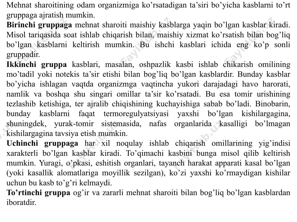 bo’lib o’sishni istagan kishi spirtli ichimliklar ichish, chekish va giyohvandlik qilish singari salbiy odatlardan batamom voz kechishi kerak, albatta. chunki ular organizmga nihoyatda zararli ta’sir ko’rsatadi: sog’liqni ishdan chiqaradi, qiziqish doirasini toraytiradi, aqliy aktivlikni pasaytiradi va, nihoyat, shaxsni tanazzulga olib keladi. kasbga yaroqlilik kasbga yaroqlilik - odam bilan uning ishi kasbi o’rtasidagi o’zaro muvofiqlikdir. ayni mana shu muvofiqlik bo’lgan taqdirdagina: «odam — kasb» formulasini ro’yobga chiqarish imkoni tug’iladi. mana shunday o’zaro munosabat xususida to’xtalib o’tamiz. har qanday kishining o’zigagina xos bo’lgan muayyan shaxsiy fazilatlar, xususiyatlar mavjud bo’ladi. tanlanayotgan kasbning shaxsga nisbatan qo’yadigan talablariga mana shu shaxsiy sifatlar qay darajada mos kelishiga qarab odamning u yoki bu kasbga yaroqliligi to’g’risida bir qarorga kelish mumkin. kasbga yaroqlilikni to’rt xil darajaga bo’lib, ularni bir-biridan farq qilish mumkin. 1. yaroqsizlik (mazkur kasbga yaroqsizlik). u vaqtincha ham bo’lishi mumkin yoki amaliy jihatdan ro’yobga chiqmaydigan bo’lishi ham mumkin. kishining salomatligi yomon bo’lganda, u yoki bu sohadagi …