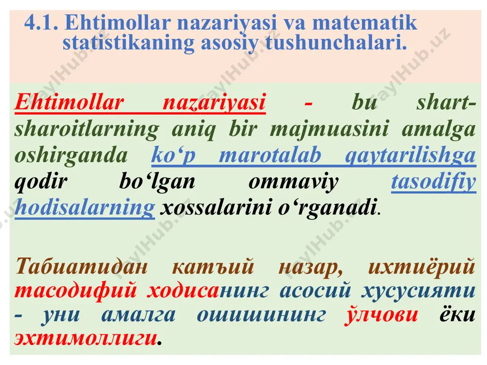 ariantalar va ularga mos chastotalar yoki nisbiy chastotalar ro‘yxatiga aytiladi. variatsiya chegarasi (r) - variatsion qatorning ekstremal qiymatlari farqiga aytiladi. (torttirilmagan), (torttirilgan) o‘rtacha chiziqli farq : dispersiya - variantlarning arifmetik o‘rtachadan farqlarining o‘rtacha kvadrati. - (torttirilmagan) - (torttirilgan) o‘rtacha kvadratik farq - belgining o‘zgarishini ifodalaydi va quyidagicha hisoblanadi: - (torttirilmagan) - ( torttirilgan) variatsiya koeffitsienti (v) - nisbiy ko‘rsatkich bo‘lib, belgining o‘zgarishini ifodalaydi va protsentlarda ifodalanadi. - variatsiya chegarasi bo‘yicha variatsiya koeffitsienti, ossillyatsiya koeffitsienti. - o‘rtacha chiziq farq bo‘yicha variatsiya koeffitsienti. -kvadrat farq bo‘yicha variatsiya koeffitsienti. moda - deb eng katta chastotaga ega bo‘lgan variantaga aytiladi. mediana - deb variatsion qatorni variantalar soni teng bo‘lgan ikki qismga ajratadigan variantaga aytiladi. agar variantalar soni toq, ya’ni bo‘lsa, u holda n juft, ya’ni da mediana: image1.wmf oleobject1.bin image2.wmf oleobject2.bin image3.wmf image4.wmf oleobject3.bin oleobject4.bin image5.wmf image6.wmf oleobject5.bin oleobject6.bin image7.wmf image8.wmf image9.wmf oleobject7.bin oleobject8.bin oleobject9.bin image10.wmf oleobject10.bin image11.wmf image12.wmf oleobject11.bin oleobject12.bin image13.wmf image14.wmf image15.wmf …
