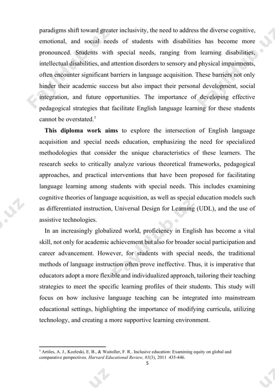 sses this gap by investigating methods and strategies that can enhance the effectiveness of english language instruction for students with special needs, providing a pathway for greater educational equity and social inclusion. moreover, in an era where globalization, digital literacy, and multiculturalism shape the educational landscape, proficiency in english is indispensable for students’ academic success and future career prospects. however, for students with special needs, barriers to english language acquisition can severely limit their social and professional opportunities. this study is, therefore, timely, as it aligns with global educational trends that emphasize the necessity of ensuring that all students—regardless of their abilities—are equipped with the skills needed to succeed in an increasingly interconnected world.[footnoteref:7] [7: duke, n. k., & mallette, m. h. (eds.). literacy research methodologies guilford press. 2011 pp. 72-90] this research is also relevant in the context of educational policies that promote inclusive education and the rights of …