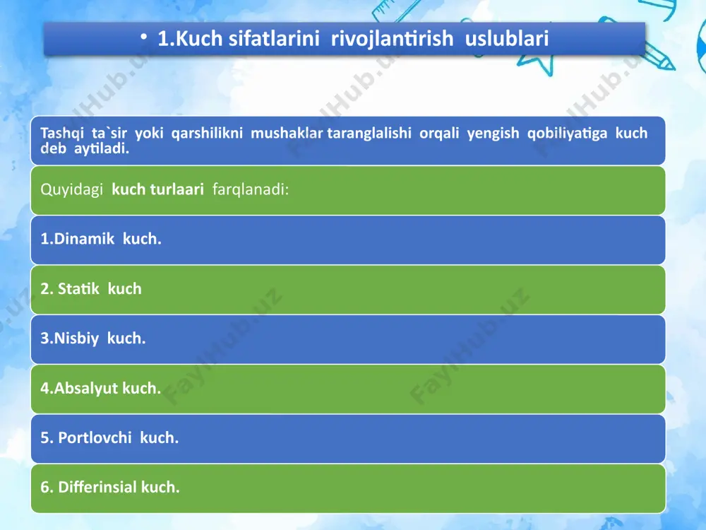 turnikda tortilish, qo`shpoyada qo`llarni bukoib-yozish, arqonga tirmashib chqish va x. egiluvchanlik - harakat-tayanch apparatining majmuaviy morfologik xususiyati bo’lib, inson gavdasining alohida bo’g’imlaridagi bir-biriga nisbatan bo„lgan harakatdir. "egiluvchanlik" atamasini gavdani yoki umumiy harakat zanjirini ulovchi deb tavsiflash maqsadga muvofiqdir. masalan umurtqa pog„onasi harakatini ba‟zan egiluvchan deb atashadi. alohida bo’g’imlar haqida gap ketganda, ularning harakatchanligi ustida gapirib o„tish kerak. (elka bo„g„imlari, tizza bo„g„imlari harakatchanligi) rivojlanish darajasining ko„rsatkichlariga ko„ra harakat amplitudasi juda keng. u burchak darajasi gonlometri vositasida yoki santimetr chizg„ich yordamida o„lchanadi. amplitudaning turli harakatlardagi ma‟lumotlarini aniq olish uchun turli optik usullar: kinoga olish, video yozuv, stereotsikiografiya, rentgen televizor yoki ultra- tovushli lokatsiyalar taqiqlaniladi. egiluvchanlik sifatini rivojlantirish asoslari kuchni rivojlantirish metodikasi va vositalari kuchni rivojlantirish uchun yuqori qarshilik bilan bajariladigan mashqlardan foydalaniladi. ular ikki guruhdan iborat: tashqi qarshilik bilan bajariladigan mashqlar. qarshilik sifatida jismlar vazni (giralar, toshlar, shtanga va boshqalar), raqibining qarshiligidan, o‘ziga o‘zining qarshiligi, boshqa jismlar qarshiligiga (prujinali espanderlar, rezinali bint, …