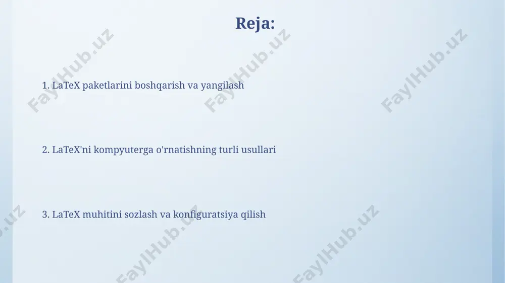 bo'ladi, bu esa 200 dan ortiq paket va qo'shimcha funksiyalarni o'z ichiga oladi. latex distributivlarini tanlash mactex, macos uchun maxsus moslashtirilgan, tex live asosida yaratilgan, 500 dan ortiq paket va qo'shimcha vositalar bilan ta'minlaydigan qulay latex distributivi. miktex, windows uchun optimallashtirilgan, foydalanuvchilarga kerakli paketlarni talab bo'yicha yuklab olish imkonini beradigan, disk maydonidan tejashga yordam beradigan latex distributivi hisoblanadi. qo'shimcha paketlarni o'rnatish overleaf kabi onlayn latex muharrirlarida ko'plab paketlar oldindan o'rnatilgan, ammo ba'zilari qo'shimcha ravishda ularning paket menejeri orqali o'rnatilishi talab qilinishi mumkin. miktexda paketlar avtomatik ravishda talab bo'lganda yuklanadi, lekin qo'lda 100 dan ortiq paketni `miktex-console` yordamida o'rnatishingiz mumkin. tex live o'rnatish tex live’ni o'rnatishda 20000 dan ortiq paketlarni tanlash imkoniyati mavjud bo'lib, bu sizga kerakli barcha funksiyalarni ta'minlaydi. tex live’ni o'rnatishdan oldin, tizimingizda 2 gb operativ xotira va 5 gb bo'sh joy bo'lishi kerak, aks holda xatoliklar yuz berishi mumkin. muammolarni bartaraf etish ba'zi paketlarni o'rnatishda xotira yetishmasligi muammosi …