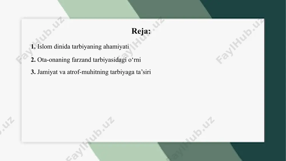ganiladi. shuningdek, islomiy ta'lim metodlarining jamiyatda qanday tatbiq etilishi, tarbiya jarayonida murabbiyning o‘rni va o‘quvchilarga nisbatan ta'lim uslublarining samaradorligi tahlil qilinadi. 1. islom dinida tarbiyaning ahamiyati islom dini tarbiyani inson hayotining eng muhim jihatlaridan biri deb hisoblaydi. tarbiya faqatgina bilim olish bilan cheklanmay, balki axloqiy fazilatlarni shakllantirish, ezgulikni targ‘ib qilish va yomonliklardan tiyilish kabi ma’naviy tamoyillarni o‘z ichiga oladi. islomda tarbiya bolalikdan boshlanib, butun hayot davomida davom etadi. qur’on va hadislar tarbiyaning ahamiyatini ko‘rsatib, insonni komillikka yetaklovchi vosita sifatida e’tirof etadi. payg‘ambar muhammad (s.a.v.)ning hayoti va o‘gitlari eng mukammal tarbiya namunasi bo‘lib xizmat qiladi. islomiy tarbiya insonni halollik, adolat, mehr-oqibat va sabr kabi fazilatlar bilan bezatadi. islom dini tarbiyani insonning shakllanishida asosiy omil sifatida ko‘radi. tarbiya faqat ilm o‘rganish bilan cheklanmay, balki insoniylik, axloqiy poklik va iymon bilan ham bog‘liqdir. qur’onda inson tarbiyasiga doir ko‘plab oyatlar kelgan bo‘lib, ularda yaxshi xulq-atvor, odob va fazilatlar targ‘ib etiladi. payg‘ambar muhammad (s.a.v.)ning hayoti …