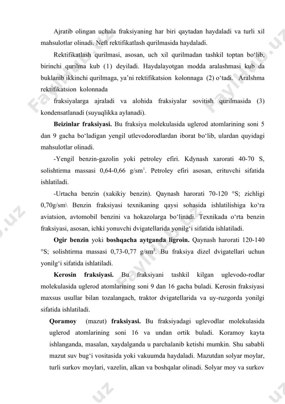 tug‘ri keldi.neftdan olinadigan benzinnnng mikdori kreking jarayoni yordamida amalga oshiriladi. (kreking sо‘zi inglizcha sо‘z bо‘lib -parchalanish demakdir). bu jarayon natijasida neft tarkibiga kiruvchi yuqori molekulali uglevodorodlar parchalanib, quyi molekulali uglevodorodlar hosil bо‘ladi. kreking jarayonida neftdagi uglevodorodlar parchalanishi bilan bir qatorda degidrogenlash, sikllanish, izomerlanish, polimerlanish kabi jarayonlar ham ruy beradi. adabiyotlar 1. а.к.мановян. технология первичной перерботки нефти и природного газа. м. химия, 2001, 568 с. 2. сокова н.а., иванова л.в. химия нефта и газа.-м:ргу нефти и газа им. и.м.губкина, 1999, 40 с. 3. эрих в.н., расина м.г., рудин м.г. химия и технология нефта и газа. –л: химия, 1985. 408 с. 4. а.а.кулик. разработка технологии гидрооблагораживания прямогонного вакуумного газойля в смеси с легким газойлем каталитического крекинга, москва, 2003, 24 с. 5. н.и.черножуков, очистка и разделение нефтяного сырья производства товарных нефтепродуктов, москва, «химия», 1978. 6. р.з.магарил, теоретическое основы химических процессов переработки нефти, ленинград, 1985. 7. с.в.адельсон, т.п.вишнякова, я.м.паушкин, технология нефтехимического синтеза, москва. 8. …