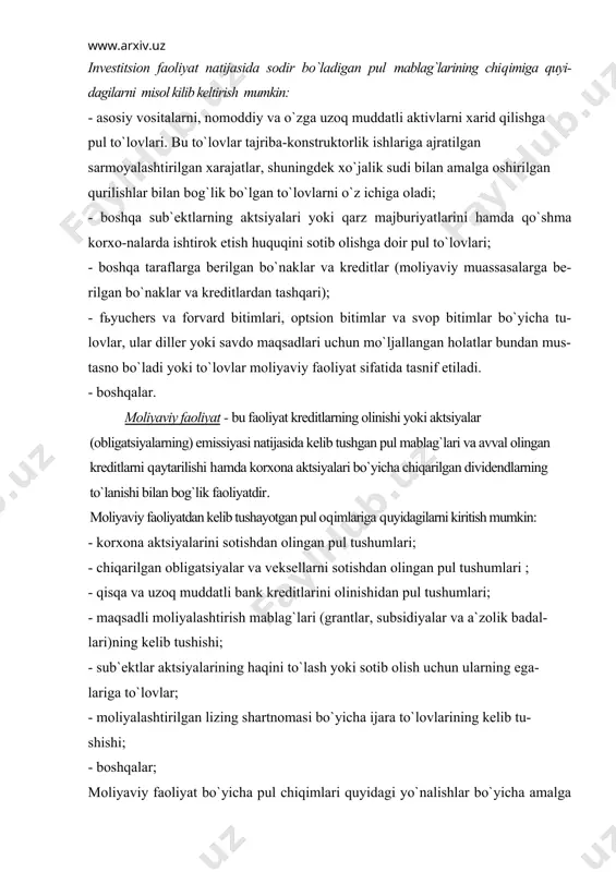 arz qog`ozlari bo`yicha majburiyat- larning uzilishi; - aktsionerlarga dividendlarni pul holida to`lanishi; - qisqa va uzoq muddatli bank kreditlarini qaytarilishi; - moliyalashtirilgan lizing shartnomasi bo`yicha ijara to`lovlarini to`lanishi; - boshqalar; investitsion va moliyaviy faoliyat bilan bog`liq pulsiz muomalalar. bular korxonaning investitsion va moliyaviy faoliyati bilan bog`liq bo`lgan lekin pul mablag`larining ha-rakati bilan bog`liq bo`lmaganliklari uchun «pul oqimlari to`g`risidagi hisobot»da aks ettirilmagan muomalalardir. investitsion va moliyaviy tavsifdagi pulsiz muoma-lalarga : uzoq muddatli kreditlar hisobiga asosiy vositalarni sotib olish, kreditorlik qarzini kreditorlarga qo`shimcha aktsiyalarni berish va chiqarish orqali to`lash va boshqalar kiradi. masalan, kompaniya er yoki binoni sotib olish uchun uzoq muddatli garovni yozib berishi mumkin yoki uzoq muddatli obligatsiyalarni odtsiy aktsiyalarga aylantirishi mumkin. bu muomalalar oddiy investitsion va moliyaviy faoliyatni aks ettiradi, ammo ular pul oqimlari to`g`risidagi hisobotda aks ettirilmasligi mumkin, chunki ular kompaniyaning pul mablag`lariga ta`sir qilmaydi. ammo, pul oqimlari to`g`risidagi hisobotning maqsadlaridan biri - investitsion va moliyaviy faoliyatni aks …