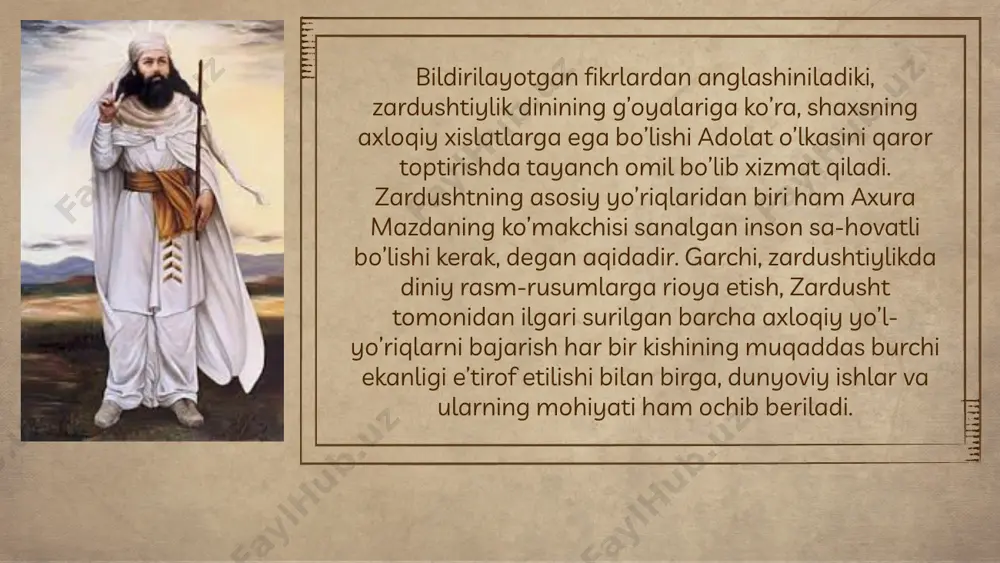 ihatlar bo‘lmasa, ular chinakam va tugal fazilatlarga aylanadi. chunonchi, aqlda - manmanlik, talantda - baxillik, vazminlikda - qasoskorlik, xulqda - tubanlik, saxiylikda - talon -tarojlik, umidda - faoliyatsizlik, karamda - ta’magirlik, bilimda - qalbakilik bo‘lmasligi qayd etiladi. pahlaviy tilidagi yozma yodgorliklarda insoniy fazilatlarni targ‘ib va tashviq qilishda turli bayon usullaridan keng foydalanilgan. bunda umumga qaratilgan pand - nasihatlar bilan birga ta’limiy hikmatlar, savol - javoblar (dialog - monolog) va axlokiy hukmlar kabi shakllar ham qo‘llanilgan. bular ko‘pincha kohinlar, ustozlar, yoxud otalarning shogirdlar yoki farzandlar bilan muloqotlari usulida aks etadi. quyidagi misollar shulardan namunalardir: - insoniy fazilatlardan qaysilari eng afzal? - bilim va aql. ulardan eng yuqorisi qaysi? shaxsni gunohsiz, olijanob va qo‘rqmas qiladigani, aql ishni to‘g‘ri o‘rganishga, bilim esa uni baholashga qaratilgan. - qaysi xarakter yaxshi? - o‘zni tuta bilish va tinchliksevarlik. - eng yaxshi tamoyil? - ochiq ko‘ngillik. - qaysi istak haqiqatga yaqin? - gunohsizlikka intilish. - qaysi xulq …