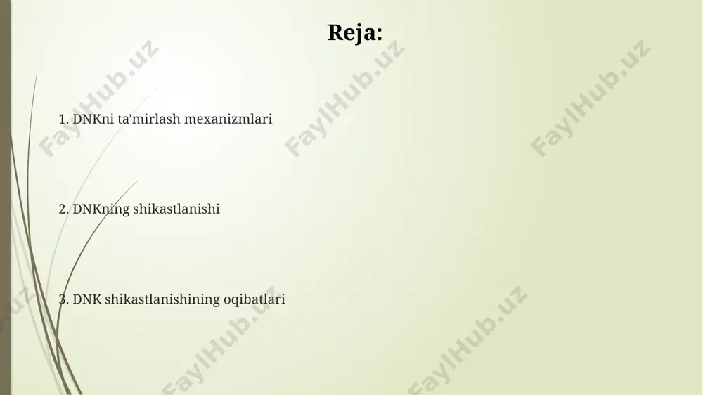 h va ularning faolligi, toksikligi va selektivligini baholashga qaratilgan klinik sinovlar oʻtkaziladi. taʼmirlash jarayonlarining molekulyar asoslari mismatch taʼmirlash (mmr) tizimi dnk replikatsiyasi paytida yuzaga keladigan notoʻgʻri juftlashgan bazalarni aniqlaydi va tuzatadi, bu esa mutatsiyalar sonini taxminan 1000 baravar kamaytiradi. bazalarni eksizion taʼmirlash (ber) jarayoni, dnkdagi kichik oʻzgarishlarni, masalan, 8-oksogvaninga oʻxshash modifikatsiyalangan bazalarni bartaraf etishda muhim rol oʻynaydi va bu jarayon 3 bosqichdan iborat. dnkni taʼmirlashda 50 dan ortiq turdagi fermentlar ishtirok etadi, ularning har biri maʼlum bir zarar turi bilan kurashishga ixtisoslashgan. masalan, endonukleazlar shikastlangan dnk segmentlarini kesib tashlaydi. dnk shikastlanishi va kasalliklar dnk shikastlanishi va ta'mirlash jarayonlaridagi muvozanatning buzilishi 50 yoshdan oshgan odamlarda yurak-qon tomir kasalliklari va neyrodegenerativ kasalliklar rivojlanishiga hissa qo'shishi mumkin. dnk shikastlanishining 80% dan ortig'i hujayra ichidagi normal metabolik jarayonlar natijasida yuz beradi, bu esa saraton kabi kasalliklar xavfini oshiradi. xeroderma pigmentosum kabi irsiy kasalliklar dnkni ta'mirlash mexanizmlarining nuqsonlari bilan bog'liq bo'lib, terida saraton rivojlanish xavfini …