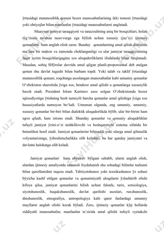 sh, ulardan ijtimoiy amaliyotda samarali foydalanish shu sohadagi bilimlar turkumi bilan qurollanishni taqoza etadi. tabiiyotshunos yoki texnikashunos ỹz sohasi bỹyicha kashf etilgan qonunlar va qonuniniyatli aloqalarni ỹzlashtirib olishi kifoya qilsa, jamiyat qonunlarini bilish uchun falsafa, tarix, sotsiologiya, siyotshunoslik, huqukshunoslik, davlat qurilishi asoslari, ruxshunoslik, dinshunoslik, etnografiya, antropologiya kabi qator fanlardagi umumiy mayllarni anglab olishi kerak bỹladi. zero, ijtimoiy qonunlar kỹp hollarda ziddiyatli munosabatlar, manfaatlar ta’sirida amal qilishi tufayli «yetakchi mayllar» shaklida namoyon bỹladi. bunda qonun talabidan kelib chiqadigan ijtimoiy jarayonlar umumiy tekis rivojlanish yỹnalishida tỹg‘ridan- tỹg‘ri emas, balqi odamlar manfaatlari va maqsadlari yaqinligida uyushgan, ularning turli jamoalari faoliyati ta’sirida kỹplab chetga og‘ishlar, orqaga ketishlar, buzilishlar bilan jamiyat muqarrar ravishda ỹziga taraqqiyot yỹlini ochib oladi. ijtimoiy qonunlar «sof» holda emas, balki «yetakchi mayl» shaklida va «taxminiy» tasnifda namoyon bỹladiki, bu hol jamiyat qonunlarini ỹrganish alohida metodologik ahamiyat kasb etadi. ¥ar bir tarihiy davrda yetilgan ijtimoiy ehtiyojlarni anglash, bu ehtiyojlarni qondirishdan manfaatdor kuchlarni …