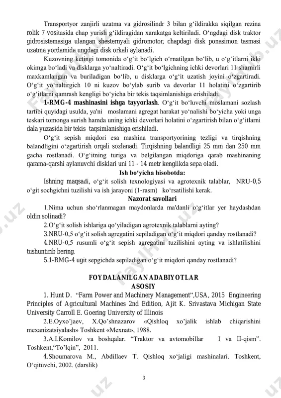 i; 5-sepuvchi disk; 6-shamoldan himoyalash qurilmasi; 7-rezinali rolik; 8-yurish g„ildiragi; 9-tirkash qurilmasi; 10-o„g„it yo„naltirgich; 11-sharnirli devor bo„lgichlar; 12-kurakchalar. 3 transportyor zanjirli uzatma va gidrosilindr 3 bilan g„ildirakka siqilgan rezina rolik 7 vositasida chap yurish g„ildiragidan xarakatga keltiriladi. o„ngdagi disk traktor gidrosistemasiga ulangan shesternyali gidromotor, chapdagi disk ponasimon tasmasi uzatma yordamida ungdagi disk orkali aylanadi. kuzovning ketingi tomonida o„g„it bo„lgich o„rnatilgan bo„lib, u o„g„itlarni ikki okimga bo„ladi va disklarga yo„naltiradi. o„g„it bo„lgichning ichki devorlari 11 sharnirli maxkamlangan va buriladigan bo„lib, u disklarga o„g„it uzatish joyini o„zgartiradi. o„g„it yo„naltirgich 10 ni kuzov bo„ylab surib va devorlar 11 holatini o„zgartirib o„g„itlarni qamrash kengligi bo„yicha bir tekis taqsimlanishiga erishiladi. 1-rmg-4 mashinasini ishga tayyorlash. o„g„it bo„luvchi moslamani sozlash tartibi quyidagi usulda, ya'ni moslamani agregat harakat yo„nalishi bo„yicha yoki unga teskari tomonga surish hamda uning ichki devorlari holatini o„zgartirish bilan o„g„itlarni dala yuzasida bir tekis taqsimlanishiga erishiladi. o„g„it sepish miqdori esa mashina transportyorining tezligi va tirqishning …