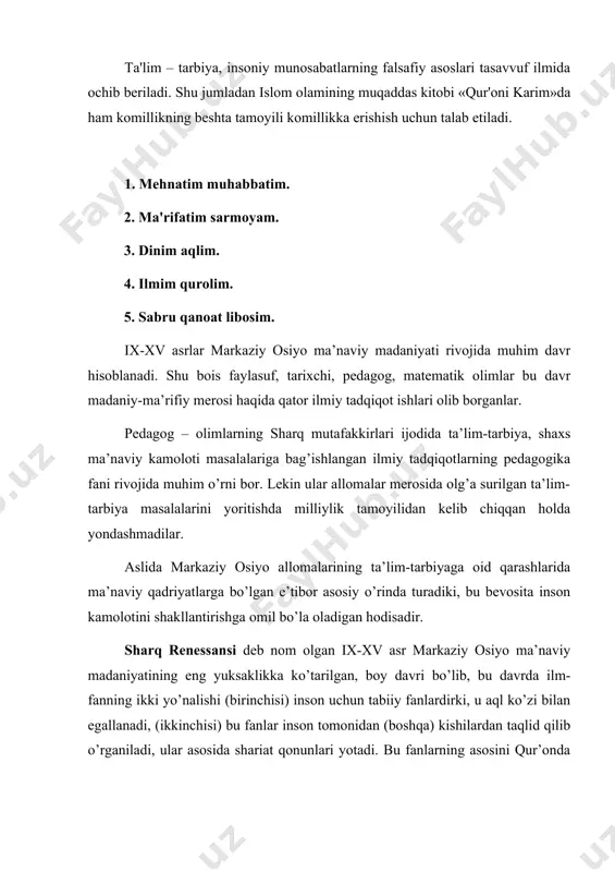 hilardan taqlid qilib o’rganiladi, ular asosida shariat qonunlari yotadi. bu fanlarning asosini qur’onda va sunnada bo’lga alloh va uning elchisining oldindan belgilab bergan yo’l-yo’riqlari tashkil etadi. bu davrda sharq madaniyatini umuminsoniy qadriyat darajasiga ko’tarish markazi ”ma’mun akademiyasi” (ix asr, bag’dod, ”baytul hikma”) tashkil etildi. akademiya ilmiy ijodkorlari faoliyatida yaqin va o’rta sharq xalqlari moddiy va ma’naviy madaniyatining qo’shilishi asnosida hozirgi markaziy osiyo madaniyatining maxsus bir-biridan ajratilmagan ko’p qirrali qorishiq turi vujudga keldi. bunday ko’p qirrali ilmiy qadriyatlarning madonga kelishida vatandoshlarimiz muhammad ibn muso al-xorazmiy (780-850), ahmad al-farg’oniy (247-861), ahmad ibn abdulloh al-marvaziy (ix asr), abu nasr forobiy (870-950), abu ali ibn sino (980-1037), abu rayhon beruniy (973-1050) va boshqalarning xizmatlari katta bo’lgan. sharq mutafakkirlarining ma’naviy madaniyat sohasiga qo’shgan ulushlari nihoyatda boy bo’lib, mazmunan qadriyatlarning barcha yo’nalishlarini qamrab olganligi bilan xarakterlanadi. ular: · aqliy madaniyatni shakllantirish bilan bog’langa qadriyatlar; · ma’naviy-ruhiy qadriyatlar; · ijtimoiy-siyosiy qadriyatlar; · badiiy-nafis qadriyatlar; · diniy qadriyatlar …