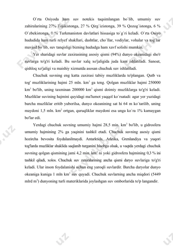 ida esa yomg'ir tomchilarining yerga tushishi, daryolar oqimi, tuproq va yer osti suvlarining harakati yuzaga keladi. ko`pincha, bu ikki ekologik omil birgalikda harakat qiladi. masalan, atmosfera sirkulyatsiyasiga ham issiqlik, ham og'irlik kuchi ta'sir qiladi. tabiatda suv to'xtovsiz harakatda bo'ladi. gidrosferaning turli qismlari o'rtasidagi suvning aylanma harakati tufayli barcha suv xillari o'zaro bog'langan (7-jadval). jadval suvning tabiatda aylanish vaqti n suv havzalarining nomlarii suvning aylanish vaqti, yil 1 dunyo okeani 2500, to`la suv aralashuvi 63 yil 2 yer osti suvlari 1400 yil 3 tuproq namligi 1 yil 4 qutb muzliklari va doimiy qorliklar 9700 yil 5 tog`, yuqori tog` muzliklari 1600 yil 6 yer osti doimiy muzliklar 10000 yil 7 ko`l suvlari, 17 yil 8 botqoq suvlari 5 yil 9 daryo o`zanidagi suv 16 kun 10 atmosferadagi namlik 8 kun 11 organizmdagi suv bir necha soat dengiz va okeanlar, yer yuzasidagi boshqa katta-kichik suv havzalaridan bug'langan suv, buglar yomg'ir, qor, do'l …