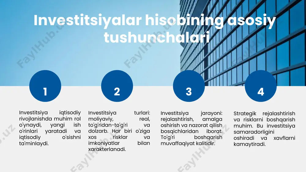 a investitsiyalar hisobi asosiy tushunchalarini va ularning iqtisodiy ahamiyatini yoritdik. bu bilan, investitsiyalarni to'g'ri baholash va boshqarish uchun bilimlar mustahkamlandi. investitsiya turlari va jarayonlarining muhim bosqichlarini ko‘rib chiqdik, bu esa investitsiyalarni amalga oshirishda strategik yondashuvlarni aniqlashga yordam beradi. prinsiplar va metodlar yordamida investitsiyalarni baholash va boshqarish muhimligini ta'kidladik, shuningdek, amaliyotda qo‘llaniladigan usullar va hisobot turlarini tushuntirdik, bu esa investitsiyalarni samarali boshqarishni ta'minlaydi. foydalanilgan adabiyotlar 1. o‘zbekiston respublikasi moliya va kredit institutlari. investitsiyalar hisobi va boshqaruvi. toshkent, 2020. 2. qodirov, m. investitsiyalar va ularni hisobga olish metodlari. o‘zbekiston iqtisodiyotining aktual muammolari jurnali, 2021. 3. akbarov, s. investitsiyalarni baholash va boshqarish. toshkent: o‘zbekiston davlat universiteti nashriyoti, 2019. 4. sobirov, d. investitsiyalar turlari va ularning iqtisodiy ta'siri. o‘zbekiston iqtisodiyotiy jurnali, 2022. 5. toshkent moliya institutining ilmiy maqolalari yig‘indisi. investitsiyalar hisobi va strategik rejalashtirish bo‘yicha maqolalar. 2023. e'tiboringiz uchun rahmat! designed by slides carnival image1.jpeg image3.jpeg image5.jpg image4.png