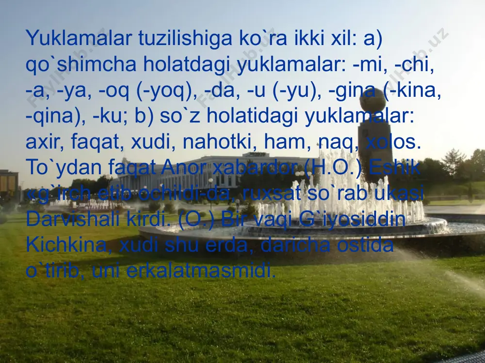 i va o`zi aloqador bo`lgan so`zga gumon, noaniqlik ma’nosini qo`shadi: - sizga nimadir va’da bergandir-da? (isfandiyor) 6. inkor yuklamasi na... na uyushiq bo`laklar va qo`shma gap tarkibidagi ayrim gaplar oldidan kelib, ularning mazmunini inkor etadi, bo`lishsizga aylantiradi. inkor shaklli gap bo`laklari va gaplar oldida kelganda, bo`lishsizlik kuchaytiriladi, ta’kidlanadi. bu buyruqqa na ona e’tiroz qildi va na qiz (cho`lpon). na qor, na yomg`irdan darak bor. (o.) good bye image2.jpeg image3.jpeg image4.jpeg image5.jpeg image6.jpeg image7.jpeg image8.jpeg image9.jpeg /docprops/thumbnail.jpeg