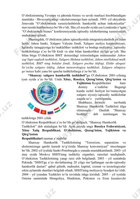 ildan esa yxhtning markaziy osiyo mamlakatlari bilan aloqalari bo‘yicha byurosi toshkentda faoliyat yuritmoqda. 1999- yilda ushbu byuroga yxhtning mintaqadagi markazi maqom berildi. markaz faoliyati nazariy jihatdan siyosiy-harbiy, iqtisodiy-ekologik va inson xuquqlari kabi sohalarda o‘zbekistonda amalga oshirilayotgan tub islohotlarni qo‘llab-quvvatlashga qaratilgan. 1996-yil lissabon sammitida o‘zbekistonning ishtiroki respublika rahbariyatining xavfsizlik doirasiga kiruvchi qarashlarini bayon etishga ham imkon berdi. anjumanda o‘zbekiston xavfsizlik muammosiga doir o‘z qarashlarini bayon etish huquqiga ega bo‘ldi. markaziy osiyo mintaqasini yadro qurolidan xoli zona deb e’lon qildi. 1999-yil 18-19-noyabr kunlari mazkur tashkilotga a’zo 54 mamlakat rahbarlari uchun turkiyaning istambul shahrida oliy darajadagi uchrashuvda prezident xalqaro terorrizmga qarshi markazini tuzish taklifi bilan chiqdi. 1996- yilning boshlarida o‘zbekistonda britaniya kengashi bo‘limining ish boshlashi hamkorlikni mustahkamlash va kengaytarish yo‘lidagi yangi qadam bo‘ldi. o‘zbekistonning niderlandiya, finlyandiya, avstriya, belgiya, shveysariya, italiya, ispaniya, gretsiya, polsha, vengriya, chexiya, slovakiya, xorvatiya, bolgariya kabi yevropa mamlakatlari bilan siyosiy, diplomatik, iqtisodiy va madaniy aloqalari o‘rnatildi va kengayib bormoqda. shveysariyaning …