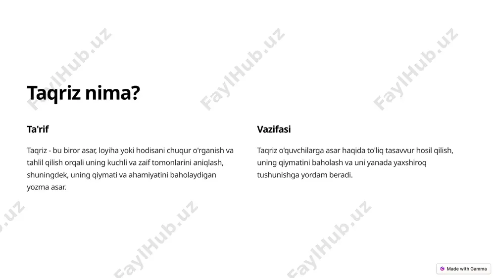 azasini baholashni o'z ichiga oladi. maqola ilmiy maqolalarni tahlil qiladi, ilmiy yondashuvni o'rganadi, natijalarni baholash va ilmiy hissa qo'shishni tekshiradi. 5 badiiy taqriz turlari 1 roman romanning syujeti, personajlar, uslubi va estetik jihatlarini chuqur tahlil qiladi. 2 she'r she'rning mazmuni, shakli, ritmi, metaforalar va boshqa badiiy vositalarini tahlil qiladi. 3 pyesa pyesaning syujeti, personajlar, dialoglar va sahna tasvirini tahlil qiladi. 4 kino kino filmining syujeti, rejissyorlik uslubi, aktyorlik ijrosi va estetik jihatlarini baholashni o'z ichiga oladi. 6 taqrizning strukturasi 1 kirish taqriz mavzusi, asarning asosiy g'oyasi va yozuvchi haqida qisqacha ma'lumot. 2 asosiy qism asarning tahlili, uning kuchli va zaif tomonlari, asarning ahamiyati va qiymati haqida fikrlar. 3 yakuniy qism umumiy xulosa, asarning qiymatini baholash, takliflar va tavsiyalar. 7 taqrizning kirish qismi 1 taqriz mavzusi taqrizning qanday asar, loyiha yoki hodisani tahlil qilishini aniq ko'rsatish. 2 asarning asosiy g'oyasi asarning asosiy maqsadini yoki fikrini qisqacha bayon etish. 3 yozuvchi haqida …