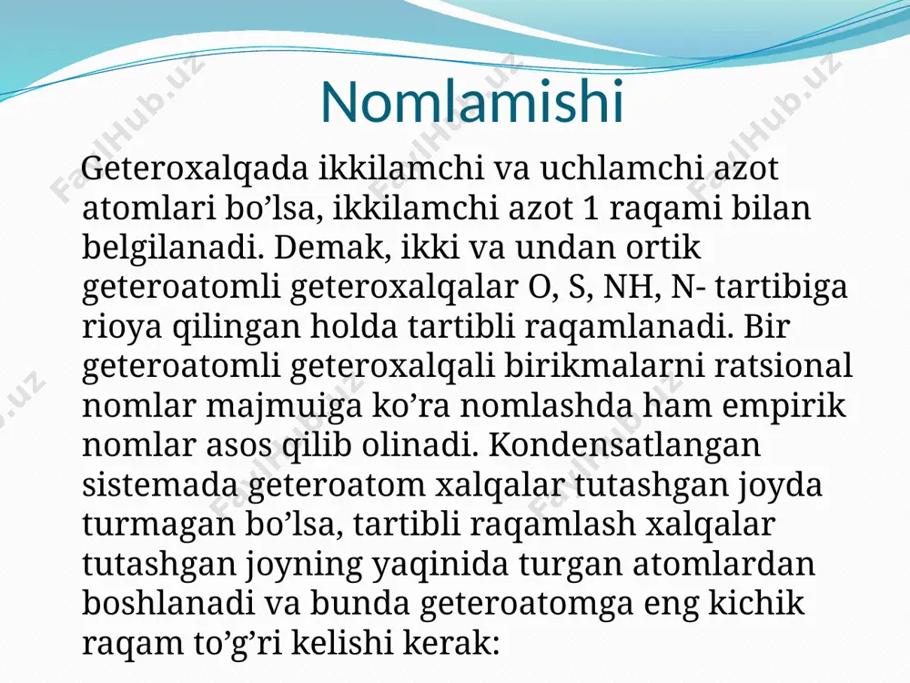 zichlik notekis taqsimlangan bo’ladi. bu esa ushbu birikmalarning 13 kimyoviy xossalarida aks etadi hamda elektrofil va nukleofil xujumning yo’nalishini belgilaydi. bu birikmalar ichida i m i d a z o l, p i r a z o l, t i a z o l va o k s a z o l katta axamiyatga ega. imidazol e`tiboringiz uchun rahmat!!! image2.png image3.png image4.png image5.png image6.png image7.png image8.png image9.png