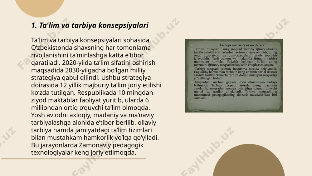 q pedagog milliy va umumlashgan qadriyatlar asosida ta’lim-tarbiya berish bilan shug‘ullanadi. shu yo‘sinda milliy va universal qadriyatlar aro uyg‘unlikni shakllantirishga e’tibor qaratiladi. ... t.me/slaydai_bot boshlang'ich ta'limda tarbiya uslublari muhim ahamiyatga ega, chunki ular bolalarning shaxsiy va intellektual rivojlanishiga ta'sir qiladi. asosiy uslublardan biri o'yin orqali o'rganishdir, bu esa 6 yoshdan 10 yoshgacha bo'lgan bolalar uchun mos keladi. shu yosh oralig'ida tarbiyaviy jarayonlar orqali ahloqiy me'yorlar shakllanadi. empirik tadqiqotlar ko'rsatganidek, bolalarning 80% gacha ijtimoiy ko'nikmalari tarbiya jarayonida rivojlanadi. interaktiv dars uslublari, qo'l mehnati, va ijodiy mashg'ulotlar bolalarning diqqatini jalb qilib, 70% ga ko'proq o'zlashtirishni ta'minlaydi. har bir tarbiya uslubi bolaning individual ehtiyojlariga moslashishi lozim. ... t.me/slaydai_bot 7. o'rta va katta yoshdagi o'quvchilar tarbiyasi 7. o'rta va katta yoshdagi o'quvchilar tarbiyasi: o'rta yoshdagi o'quvchilar odatda 12-16 yosh oralig'ida bo'lib, katta yoshdagilar esa 17-19 yoshda bo'lishadi. ular qiyin va o'tish davridagi muammolarni boshdan kechirishadi. tarbiya jarayonida maqsad ularga mustaqil fikrlash, mas'uliyat hissi va …