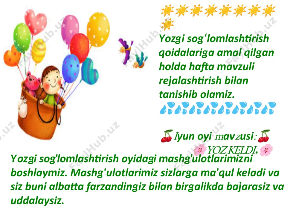 oya tuzing. bu mashg'ulot orqali farzandingiz nutqi rivojlanadi hamda dunyoqarashi, tasavvurlari kengayadi. quyoshcham ertagi. quyosh osmonda kulib,chertar oynani kelib:— yetar uyqu, savrioy,turgin, uyat bo'lar, voy!yuvin,kiyin,bo'l tezroq,men bilan yur, qizaloq!savri yotar burkab bosh, arazlab ketdi quyosh.muzlarni eritdi u,o'ynab, toshib oqdi suv.shunda uyg'onar anhor, qoiiga olib dutor,chala ketdi quvnoq kuy,baliqlar boshladi to'y.yoi-yoiakay quyoshjon,dedi: — hoy, bug'doy, uyg'on!boisa-da yum-yumaloq,bordir unda qoi-oyoq.ko'zini ochdi shu choq,chiqardi yashil yaproq.quyosh qildi tabassum,jo'jalar yorib tuxum,uyg'ondi o'rdak, g'ozcha,yuz-yuz tovuq, xo'rozcha.dalada ma'rar uloq,uyda miyovlar baroq.butun yer,butun olamquyoshga yo'llar salom!shovqindan,to'polondansavripuyg'onmas hamon.quyosh esa osmonda,uyg'ota olmay hayron. choyshabni burkab battar,u olamdan bexabar. 3- kun. rasm. "quyosh kulib boqadi". farzandingizga quyosh rasimini chizib bering va bo'yash jarayonini kuzating. albatta rag'batlantiring. 4- kun. qurish- yasash. "quyoshsevar quyonlar". farzandingiz bilan quyonlar uchun uycha yasang. bu mashg'ulot orqali farzandingiz mayda va sensomatorikasi rivojlanadi. albatta rag'batlantiring. 5-kun. aplikatsiya. "quyosh" farzandingizga gigiena qoidalarini eslatgan holda birgalikda quyosh aplikatsiyasini bajaring. albatta rag'batlantiring. 6-kun. harakatli o'yin. "to'siqlar orasidan o'tib to'pni savatchaga …