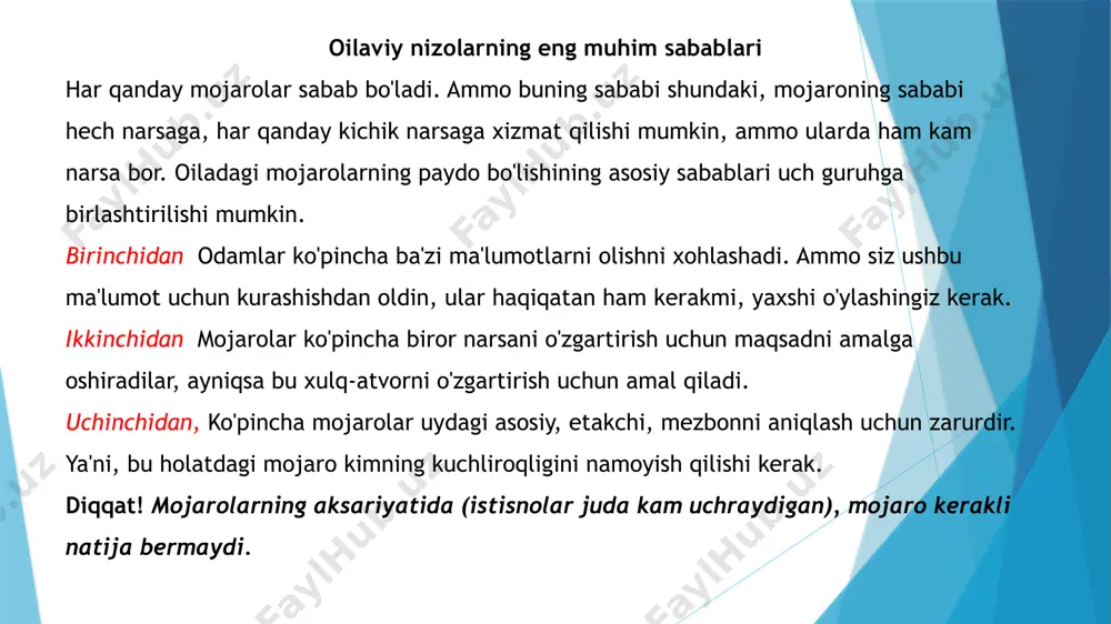 igi kerak, hamma taklif taklif etadi va ular muhokama qilinadi. barcha variantlarni minib, har tomonni tashkil etadigan munosib echimni topishingiz mumkin. oilaviy sharoitning salbiy ta'siri ham tarbiyasi og‘ir o‘smirlarning kelib chiqishiga sabab bo‘ladi. ayrim oilalarda bola uchun zaruriy imkoniyatlar mavjud emasligi sababli bola nohush holat bilan doimo yolg‘iz kurash olib boradi. o‘smir dunyosida oilaviy sharoitga nisbatan paydo bo‘lgan norozilik hissi kundan kun avj olib, ichki qo‘zg‘olonga aylanib boradi. bundan tashqari, ota-ona o‘rtasidagi munosabatlarning nosog‘lomligi, ba'zi ota-onalarning spirtli ichimliklarga ruju qo‘yishlari ham bolaning ruhiy dunyosiga salbiy ta'sir ko‘rsatadi. o‘quvchi shaxsini individual psixologik xususiyatlarini har tomonlama mukammal tahlil qilish ularni o‘qitish va tarbiyalash samaradorligining muhim shartlaridan biridir. o‘quvchining ahloqiy rivojlanishi asosan uning tevarak-atrofdagi kishilarga va atrofdagilarning unga bo‘lgan o‘zaro munosabati bilan bog‘liqdir. o‘qituvchilardan pedagogik jihatdan o‘z holiga tashlab qo‘yilgan va tarbiyasi qiyin, huquqbuzarlik va giyohvandlikka moyilligi bor, o‘zlashtirishi past bo‘lgan o‘quvchilarning o‘ziga xos psixologik xususiyatlarini bilishlari talab etiladi. amaliyotchi psixologlardan esa mavjud …