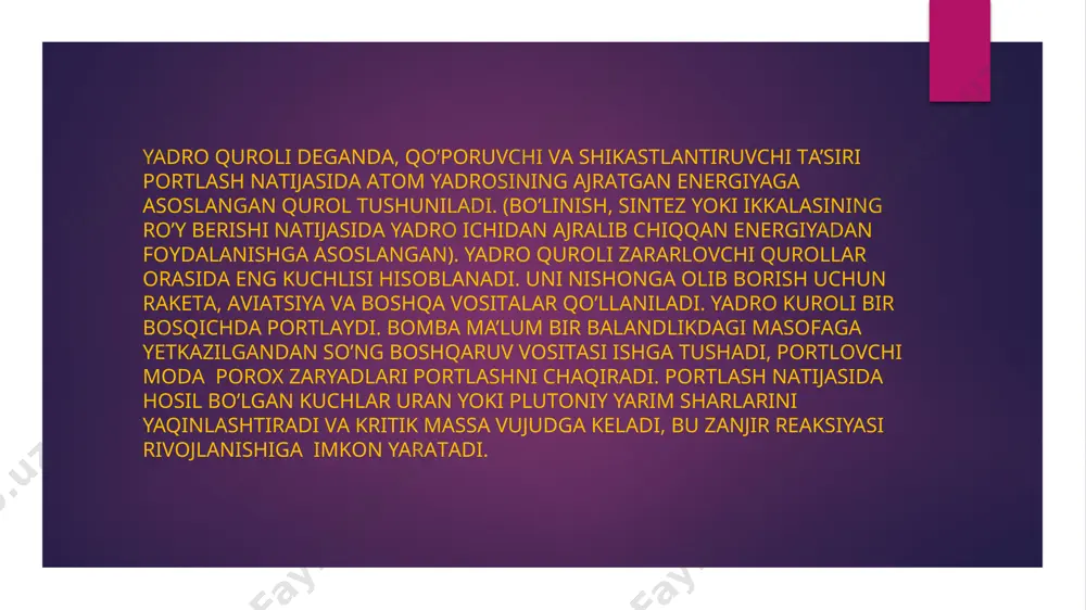 iy qurollarga sarflangan xarajatlar bo‘yicha dunyoda yetakchilik qildi. amerika bunday qurollar uchun 37,4 mlrd dollar sarflagan. bu haqda yadroviy qurollarni taqiqlash bo‘yicha xalqaro kampaniya (international campaign to abolish nuclear weapons, ican) hisobotida ma’lum qilindi. 2020 yilda dunyo davlatlari yadroviy qurollar uchun jami 72,6 mlrd ko‘p mablag‘ sarflagan va bu 2019 yilga nisbatan 1,4 mlrd dollarga ko‘p. kuchli beshlikka aqshdan tashqari, xitoy (10,1 mlrd dollar), rossiya (8 mlrd), buyuk britaniya (6,2 mlrd) va fransiya (5,7 mlrd) kirgan. hindiston, isroil va pokiston yadroviy qurollar uchun milliard dollardan ko‘proq sarflagan. shimoliy koreya esa 667 mln dollar yo‘naltirgan. ican yadroviy qurollarni taqiqlash to‘g‘risidagi shartnomani targ‘ib qilish maqsadida tashkil qilingan. yadroviy davlatlar – rossiya, buyuk britaniya, xitoy, aqsh va fransiya bu shartnomni rad qilgan. pоrtlаsh quvvаti bir хil bо’lgаn аtоm vа nеytrоn bоmbаlаrning pоrtlаsh mаrkаzidаn bir хil uzоqlikdа bо’lgаn оbyеktlаrgа kо’rsаtilgаn tа’siri quyidаgichа: 1.nеytrоn bоmbа pоrtlаgаndа vujudgа kеlаdigаn nurlаnish dоzаsi аtоm bоmbаsi pоrtlаgаndаgi dоzаdаn 5-10 …