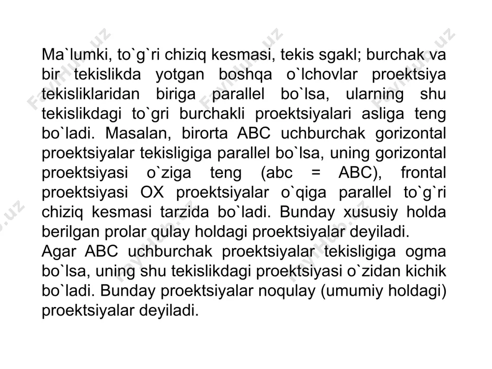 berilgan geometrik elementlar masalaning shartiga muvofiq qulay kelguncha fazoda bir eki bir necha marta aylantiriladi. proektsiya tekisliklarini almashtirish usuli proektsiya tekisliklarini almashtirish usulida ob`ektning proektsiyalari berilgan tekisliklar sistemasida (eski sistemadan) bir-biriga perpendikulyar bo`lgan ikkita yangi tekislik sistemasiga o`tiladi. shuning bilan birga, ob`ektning fazodagi vaziyati o`zgarmas bo`lib qoladi. bir qancha masalani echish uchun eski proektsiya tekisliklaridan faqat birini, masalan, v tekislikni gorizontal proektsiyalovchi v tekislikka almashtiribm yangi v h sistemaga eki h tekislikni frontal proektsiyalovchi h tekislikka almashtirib, v h sistemaga o`tish kifoya. v tekislik v ga almashtirilib, v h sistemaga o`tiladi; keyin bu oraliq sistemadagi eski h tekislik h tekislikka almashtirilib, butunlay yangi v h sistemaga o`tiladi. shunday qilib, proektsiyalar tekisliklarining ikkalasini birdaniga almashtirib bo`lmaydi. yangi proektsiyalar tekisligi hamma vaqt qolgan tekislikka perpendikulyar bo`lishi lozim. shuning uchun tekisliklar faqat ketma-ket almashtirilishi, ya`ni avval bir tekislik, keyin ikkinchi tekislik almashtirilishi kerak. 4 proektsiya tekisliklarining almashtirish usuli bilan yechiladigan asosiy masalalar epyurda …