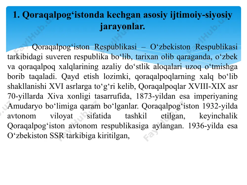 g tahrir hayʼati va konstitutsiyaviy komissiya tuzilib, unga s.d.niуetullaуev boshchilik qildi. respublika konstitutsiyaviy komissiyasi bu masalani muhokama qilib, 1993-yil 1-martda “qoraqalpog‘iston respublikasi konstitutsiyasi loyihasi to‘g‘risida” qaror qabul qildi. shundan so‘ng loyiha “erkin qoraqalpog‘iston” va “vesti karakalpakistan” gazetalarida umumxalqmuhokamasiga qo‘yildi. 1993-yil 9-aprelda xii chaqiriq qoraqalpog‘iston respublikasi oliy kengashining xii sessiyasida kirish, 25 bob, 116 moddadan iborat bo‘lgan qoraqalpog‘iston respublikasi konstitutsiyasi qabul qilindi. аsosiysi konstitutsiyaga muvofiq, 1993-yilda qoraqalpog‘iston tarixida birinchi marta hokimiyat uchta tarmoqdan iborat bo‘lgan qonun chiqaruvchi, ijro etuvchi va sud hokimiyatining faoliyati yo‘lga qo‘yildi. suveren qoraqalpog`iston respublikasi konstitutsiyasi qabul qilingan kun xalq bayrami sifatida e'lon qilindi. qoraqalpog`iston respublikasi konstitutsiyasining ahamiyati quyidagilarda o`z aksini topgan: -qoraqalpog`iston respublikasi o`zbekiston respublikasi tarkibiga kirishi hamda ular o`rtasidagi o`zaro do`stona munosabatlarning huquqiy asosi; - qoraqalpog`iston respublikasi o`z davlat ramzlariga ega ekanligini belgilaydi; - suveren hamda mustaqil davlat ekanligining kafili; - davlat va ma'muriy hududiy tuzilish masalalarini mustaqil hal qilishi; qoraqalpog‘iston suveren respublika sifatida o‘z davlat …