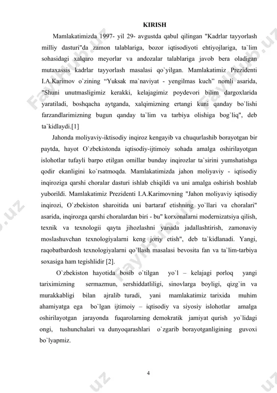 ngayib va chuqurlashib borayotgan bir paytda, hayot o`zbekistonda iqtisodiy-ijtimoiy sohada amalga oshirilayotgan islohotlar tufayli barpo etilgan omillar bunday inqirozlar ta`sirini yumshatishga qodir ekanligini ko`rsatmoqda. mamlakatimizda jahon moliyaviy - iqtisodiy inqiroziga qarshi choralar dasturi ishlab chiqildi va uni amalga oshirish boshlab yuborildi. mamlakatimiz prezidenti i.a.karimovning "jahon moliyaviy iqtisodiy inqirozi, o`zbekiston sharoitida uni bartaraf etishning yo`llari va choralari" asarida, inqirozga qarshi choralardan biri - bu" korxonalarni modernizatsiya qilish, texnik va texnologii qayta jihozlashni yanada jadallashtirish, zamonaviy moslashuvchan texnologiyalarni keng joriy etish", deb ta`kidlanadi. yangi, raqobatbardosh texnologiyalarni qo`llash masalasi bevosita fan va ta`lim-tarbiya soxasiga ham tegishlidir [2]. о`zbekiston hayotida bosib о`tilgan yо`l – kelajagi porloq yangi tariximizning sermazmun, sershiddatliligi, sinovlarga boyligi, qizg`in va murakkabligi bilan ajralib turadi, yani mamlakatimiz tarixida muhim ahamiyatga ega bо`lgan ijtimoiy – iqtisodiy va siyosiy islohotlar amalga oshirilayotgan jarayonda fuqarolarning demokratik jamiyat qurish yо`lidagi ongi, tushunchalari va dunyoqarashlari о`zgarib borayotganligining guvoxi bо`lyapmiz. bozor iqtisodiyoti taraqqiyotining hozirgi bosqichida gaz va …