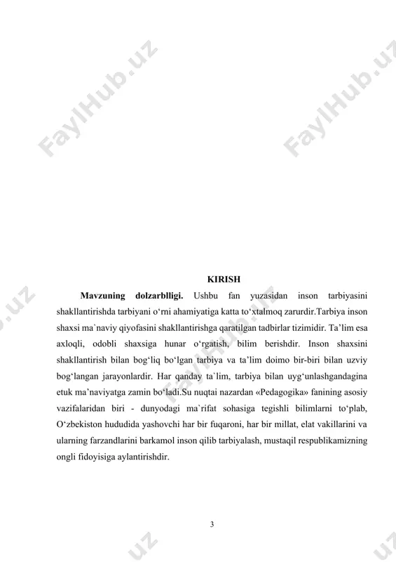 hkil qilish, bolalarga ta’lim berishni ilgʻor pedagogik texnologiyalar, zamonaviy oʻquv- uslubiy dasturlar asosida tashkil etish, oʻquv - tarbiya jarayonlarini jahon andozalariga mos ravishda ta`minlash; 7 - oʻquvchilarning imkoniyatlari va qiziqishlari tahlilidan, iqtisodiy va ijtimoiy muhitdan kelib chiqib, ularni urli soha boʻyicha kasb asoslariga yoʻnal tirish va ta`limda tabaqalashtirilgan yondashuvni joriy etish; - yosh oilalar bilan ishlash, tibbiy tarbiyaviy, huquqiy, ma`naviy-ma`rifiy, ijtimoiy tushunchalar berish uchun maxsus tadbirlarni amalga oshirish; oʻz hududidagi mahalla jamoalarining faoliyatini tarbiyaviy maqsad yoʻlida muvofiqlashtirish, tarbiyasi "ogʻir", qarovsiz qolgan bolalarning ota-onalari bilan ishlash, oilalarga pedagogik yordam berish; - bola tarbiyasi yaxshi yoʻlga qoʻyilgan oilalarni tegishli idoralar hamkorligida oʻrganib, tajribalarini ommalashtirish; oʻqishni va ishlashni xohlamaydigan, bezorilik yoʻliga kirib ketgan oʻsmirlarni hisobga olib, ularga tegishli tashkilotlar bilan birgalikda zarur choralar koʻrib, ota onalar yigʻinlarida muhokama qilish. kurs ishining obekti munosabatlarni shakllantiradigan va unda faoliyat ko‘rsatadigan kadrlarning ichki dunyosi - «mеni» yuksak idеallar, milliy qadriyatlar asosida qaror topishi uchun ta`lim-tarbiya tizimining …