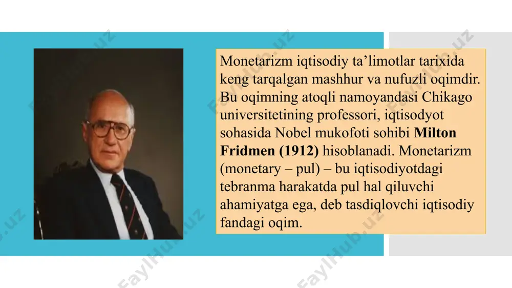 ustun qo‘yiladi. aynan ular (ma’muriy, baholar dastaklari emas, soliq tizimi emas) iqtisodiyotni a’lo darajada barqarorlashtirishga qodir. pulning asosiy xususiyati uning likvidligida. pulni xohlagan paytda almashtirish, unga har qanday tovarni sotib olish mumkin. m. fridmen pul harakati (pul massasining o‘sish sur’ati) va yalpi ichki mahsulot o‘rtasida o‘zaro chambarchas bog‘liqlik amal qilishiga asoslanadi. pul massasining o‘sish sur’atining tezlashuvi yoki sekinlashuvi faol ish yuritishda, ishlab chiqarishning siklli tebranishida aks etiladi uchinchi qoida – tartiblash joriy vazifalarga emas, balki uzoq muddatli vazifalarga mo‘ljallangan bo‘lishi kerak. gap shundaki, pul massasidagi o‘zgarishlar natijasi asosiy iqtisodiy parametrlarda birdan aks ettirilmaydi, balki biroz vaqtdan keyin ta’siri bilinadi. odatda, lag (vaqtincha uzilish) bir necha oyni tashkil etadi. u shu narsani bildiradiki, pul massasidagi o‘zgarishlar yalpi ichki mahsulotga birdan emas, balki bir oz vaqtdan (oydan) keyin ta’sir ko‘rsatadi. shuning uchun pul siyosati joriy tartibdagi samaraga va qisqa muddatli o‘zgarishlarga mo‘ljallangan bo‘lmay, balki uzoq muddatli xarakterga ega. m. fridmen konsepsiyasi garchi …